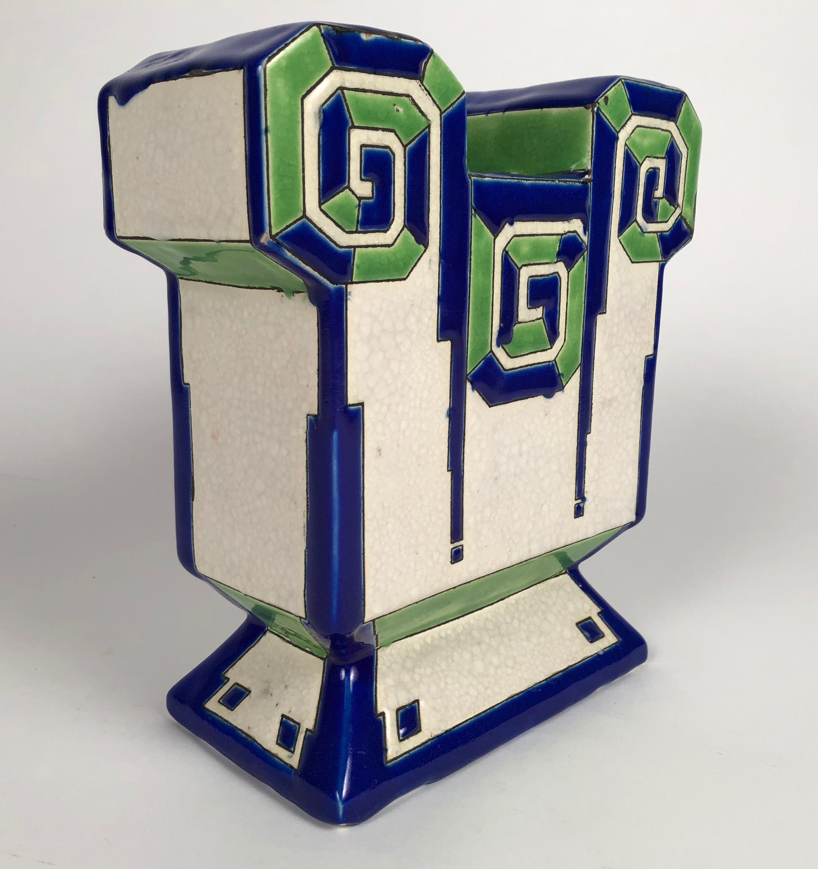 Belgian Art Deco Blue and Green Ceramic Vase by Boch Freres Keramis