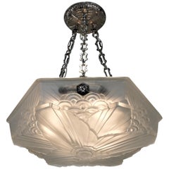 Art Deco Geometric Clear Frosted Glass Chandelier by Charles Schneider