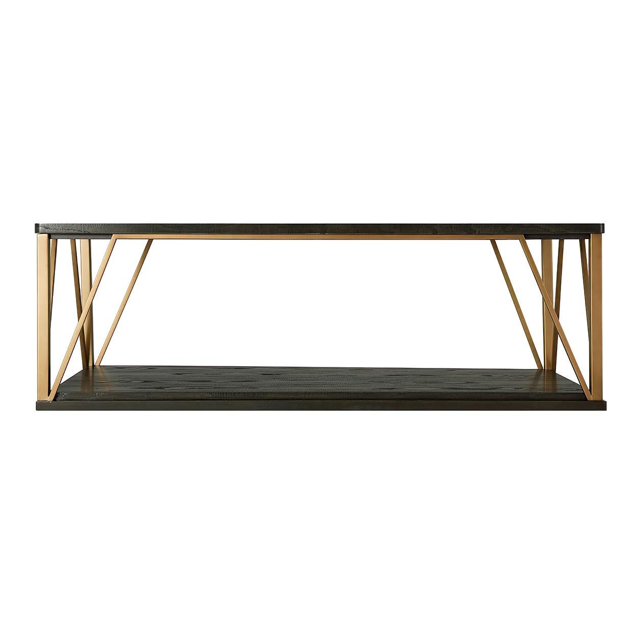French Art Deco style cocktail table with an ash veneered rectangular top, with geometric bronze finished supports on an Ash veneered base.

Dimensions: 58