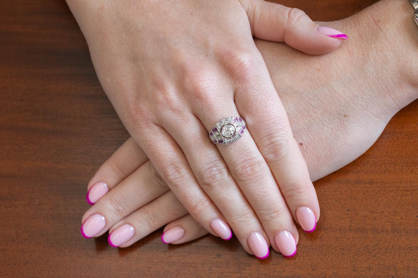 Old European Cut Art Deco Geometric Diamond and Ruby Ring For Sale