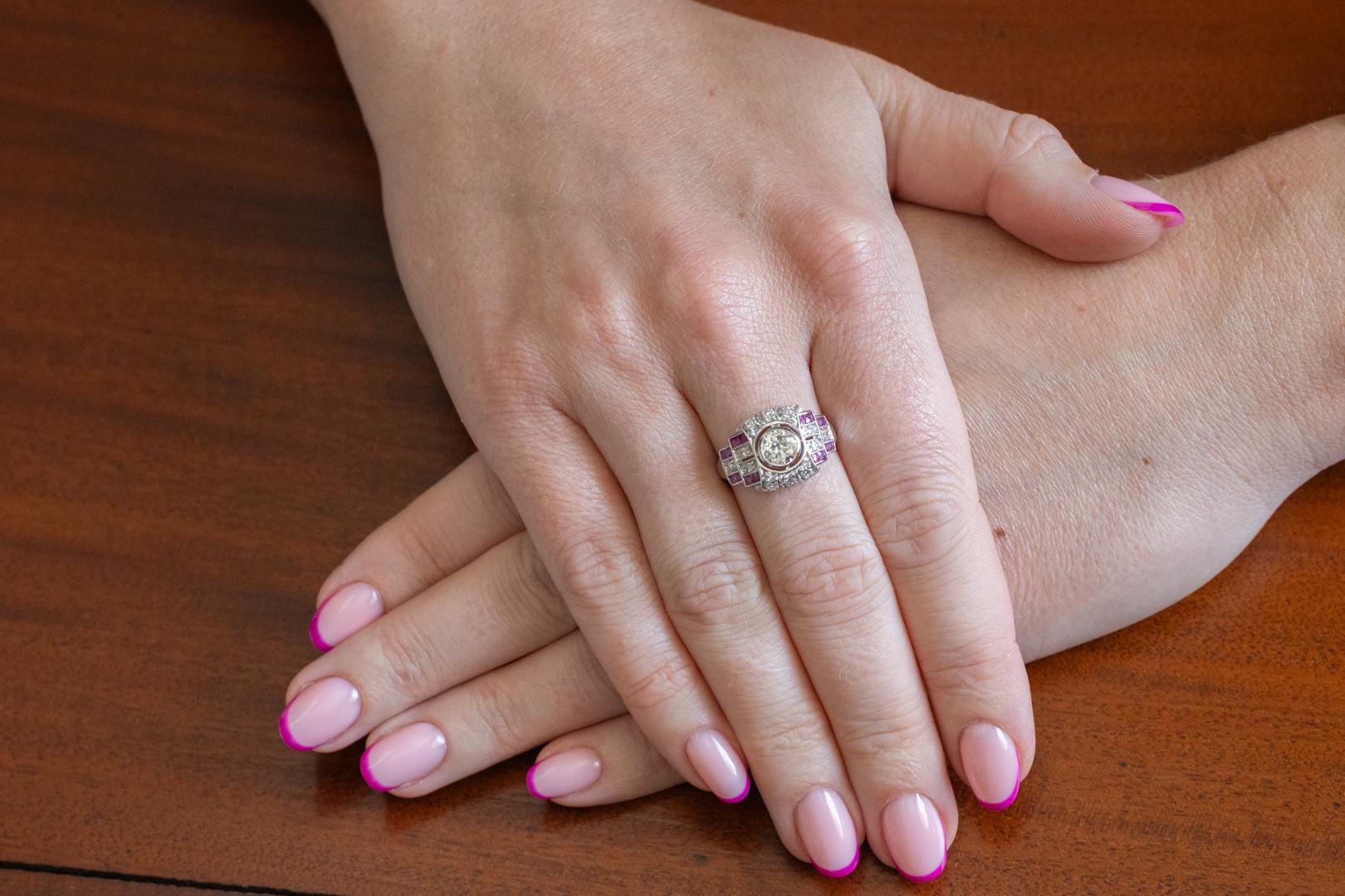 Women's Art Deco Geometric Diamond and Ruby Ring For Sale