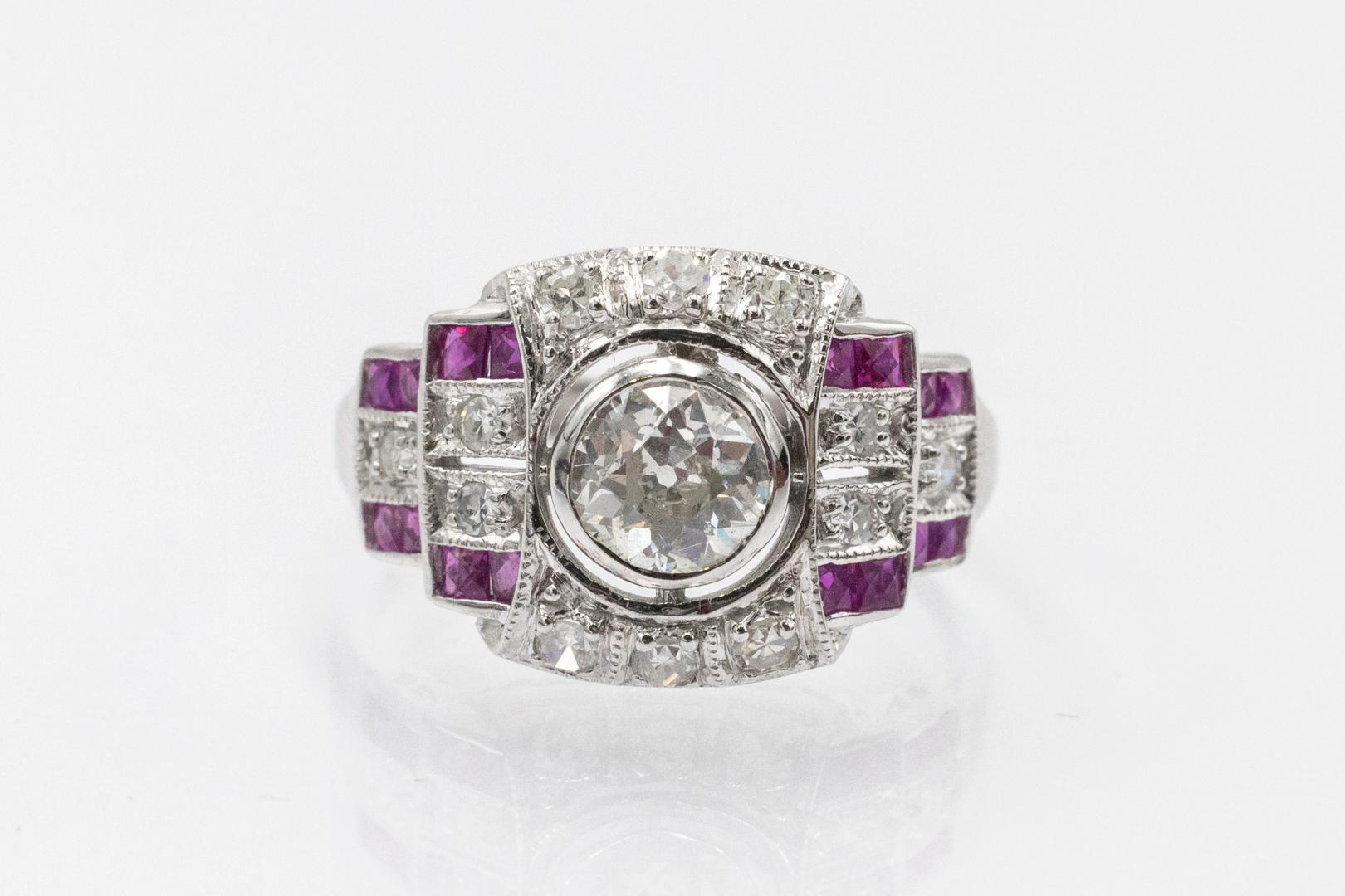 Art Deco Geometric Diamond and Ruby Ring For Sale 1