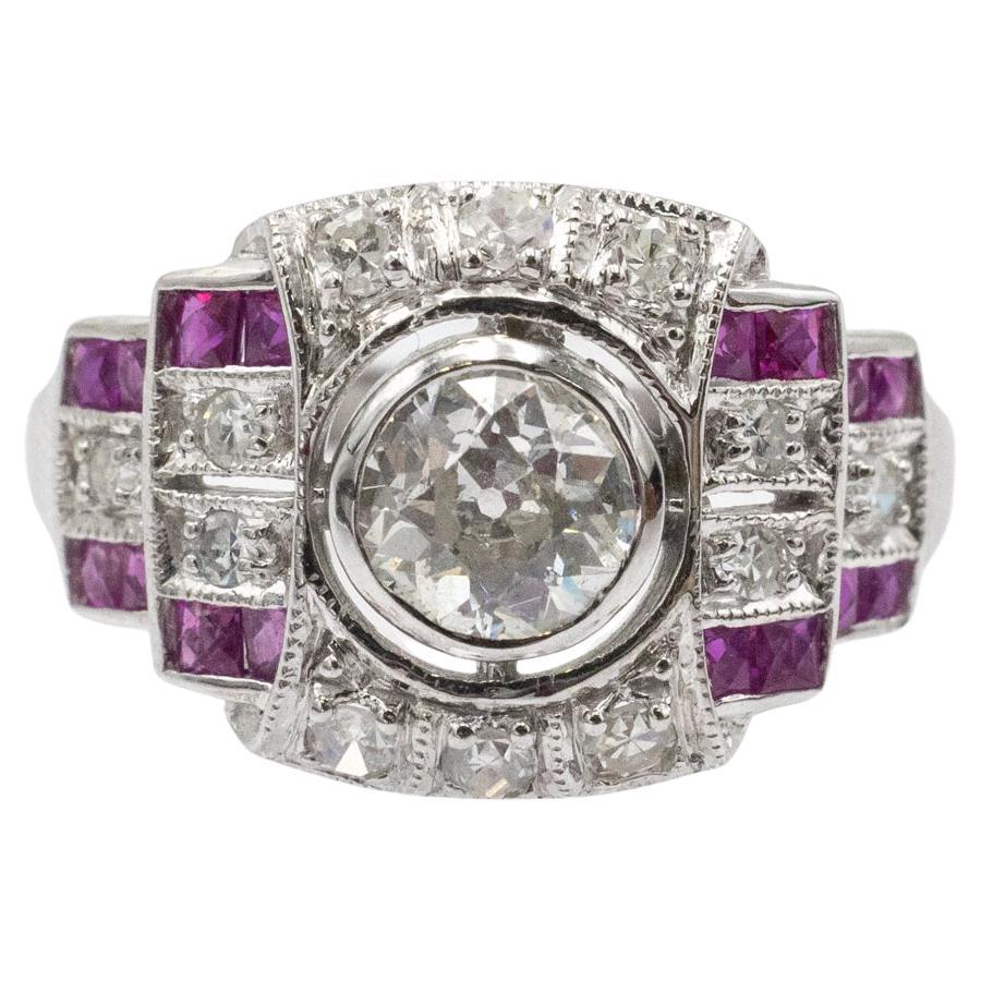 Art Deco Geometric Diamond and Ruby Ring For Sale