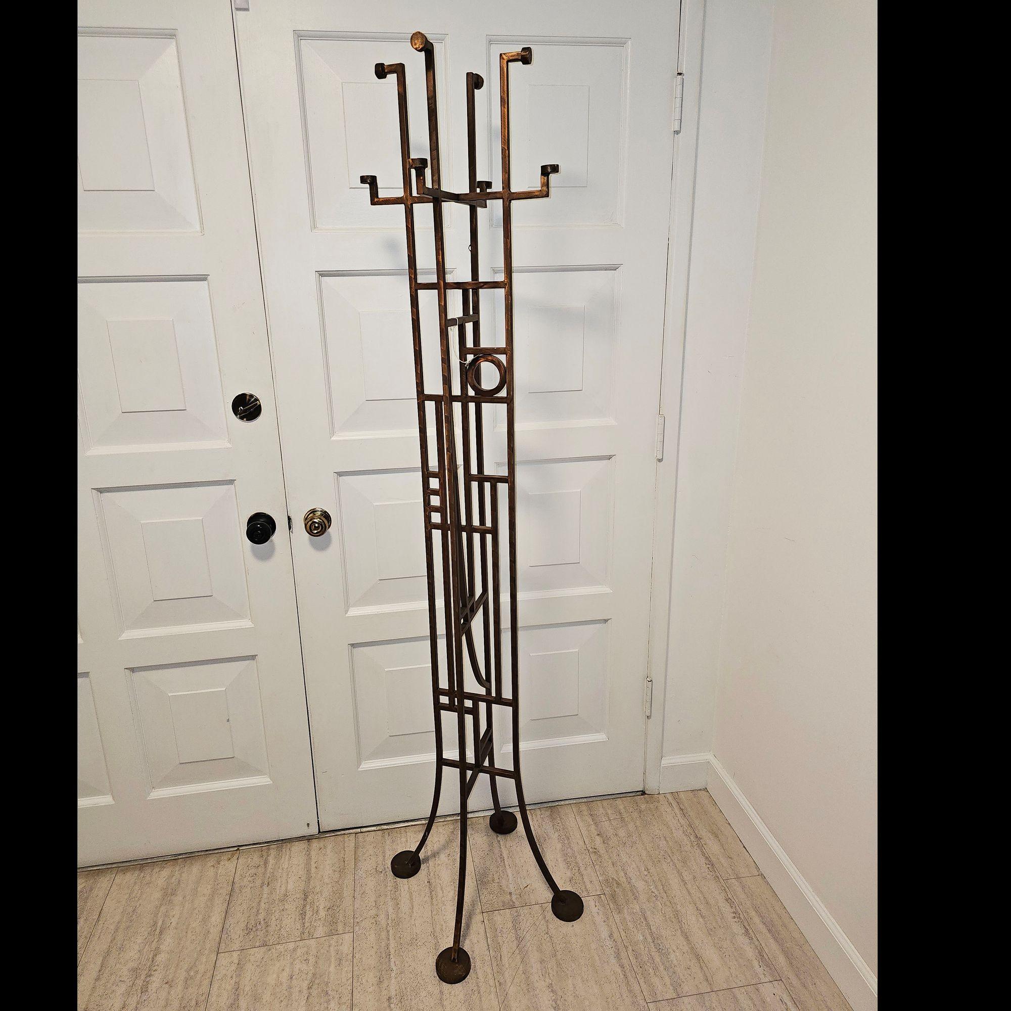 Art Deco Geometric Frank Lloyd Wright Style Copper Colored Coat & Hat Rack For Sale 4