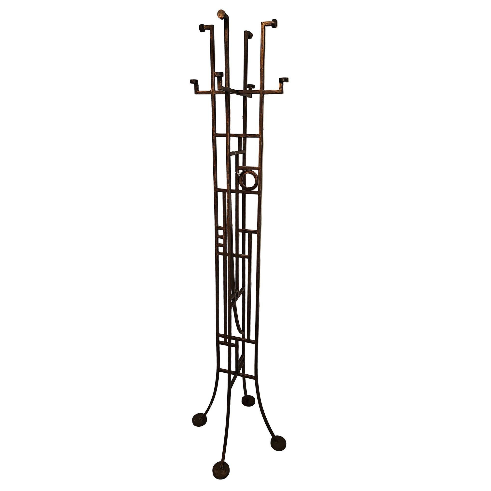 American Art Deco Geometric Frank Lloyd Wright Style Copper Colored Coat & Hat Rack For Sale