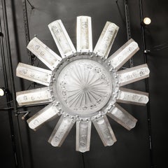 Art Deco Geometric Frosted Glass & Nickeled Starburst Chandelier signed Degué