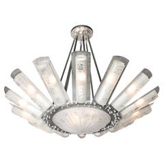 Art Deco Geometric Frosted Glass & Nickeled Starburst Chandelier signed Degué