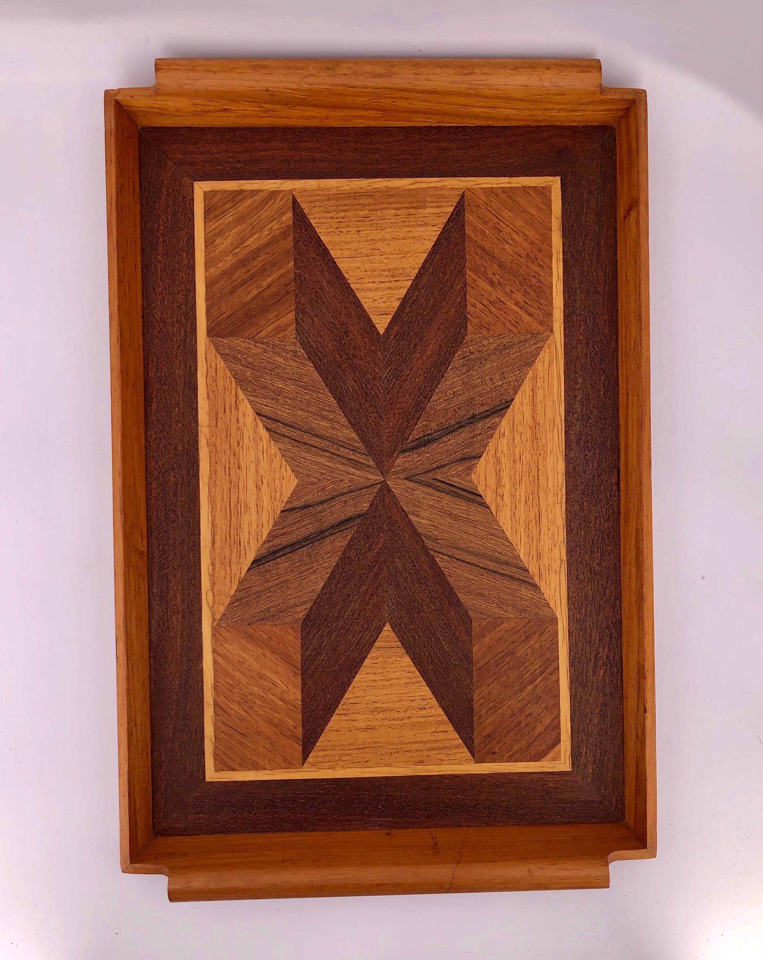 Beautifully handcrafted marquetry wood tray, circa 1960s with side handles great original condition.