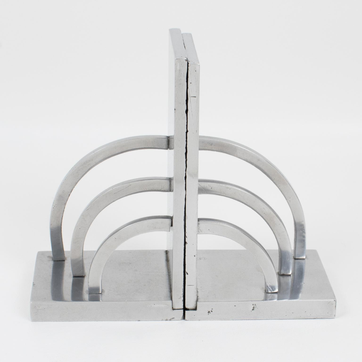 Art Deco Geometric Metal Bookends, attributed to Jacques Adnet, 1940s 1