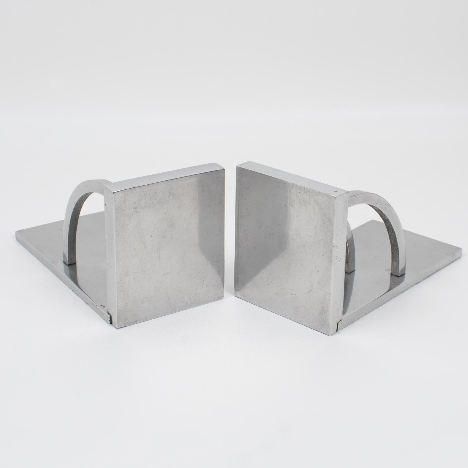 Art Deco Geometric Metal Bookends, attributed to Jacques Adnet, 1940s 4