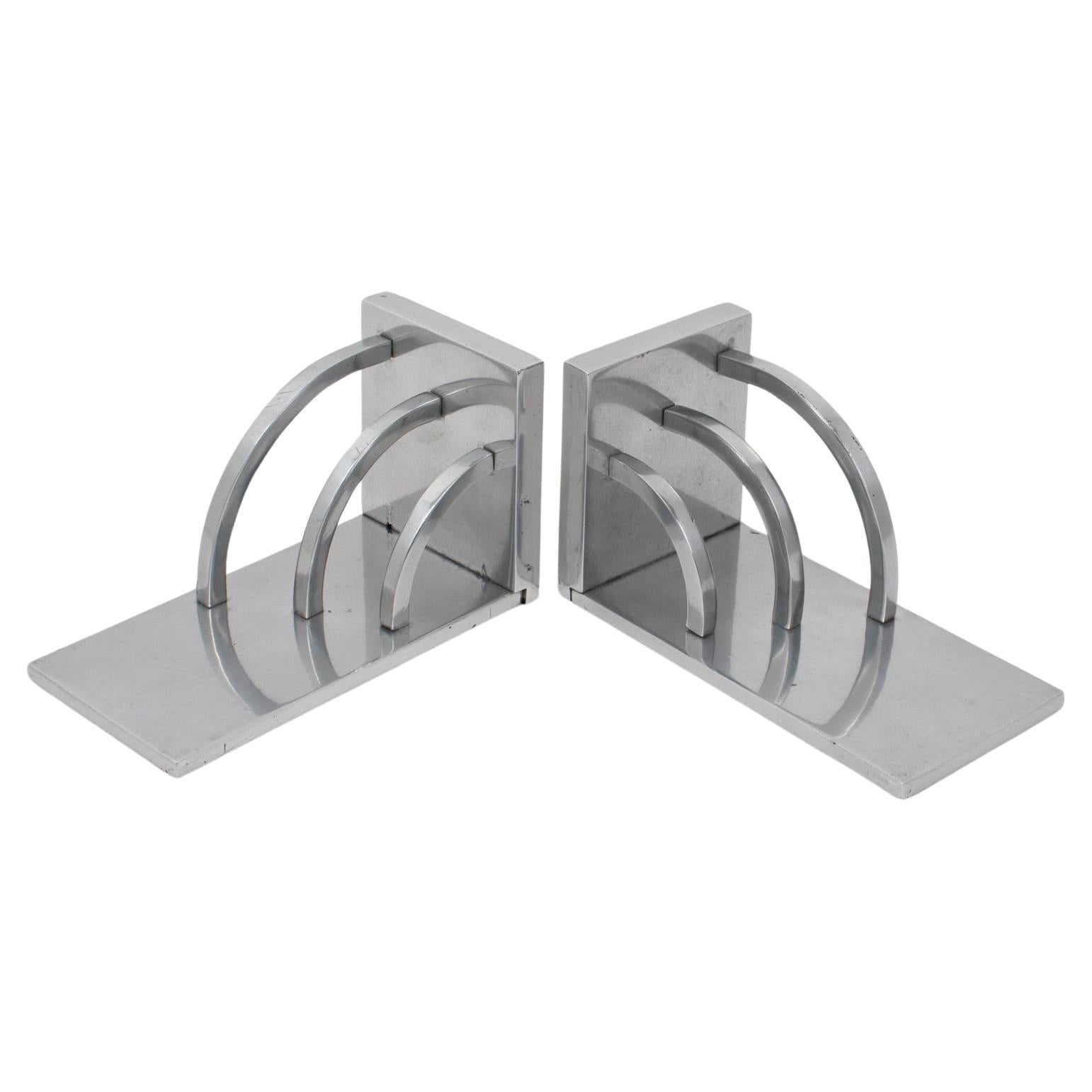 Art Deco Geometric Metal Bookends, attributed to Jacques Adnet, 1940s