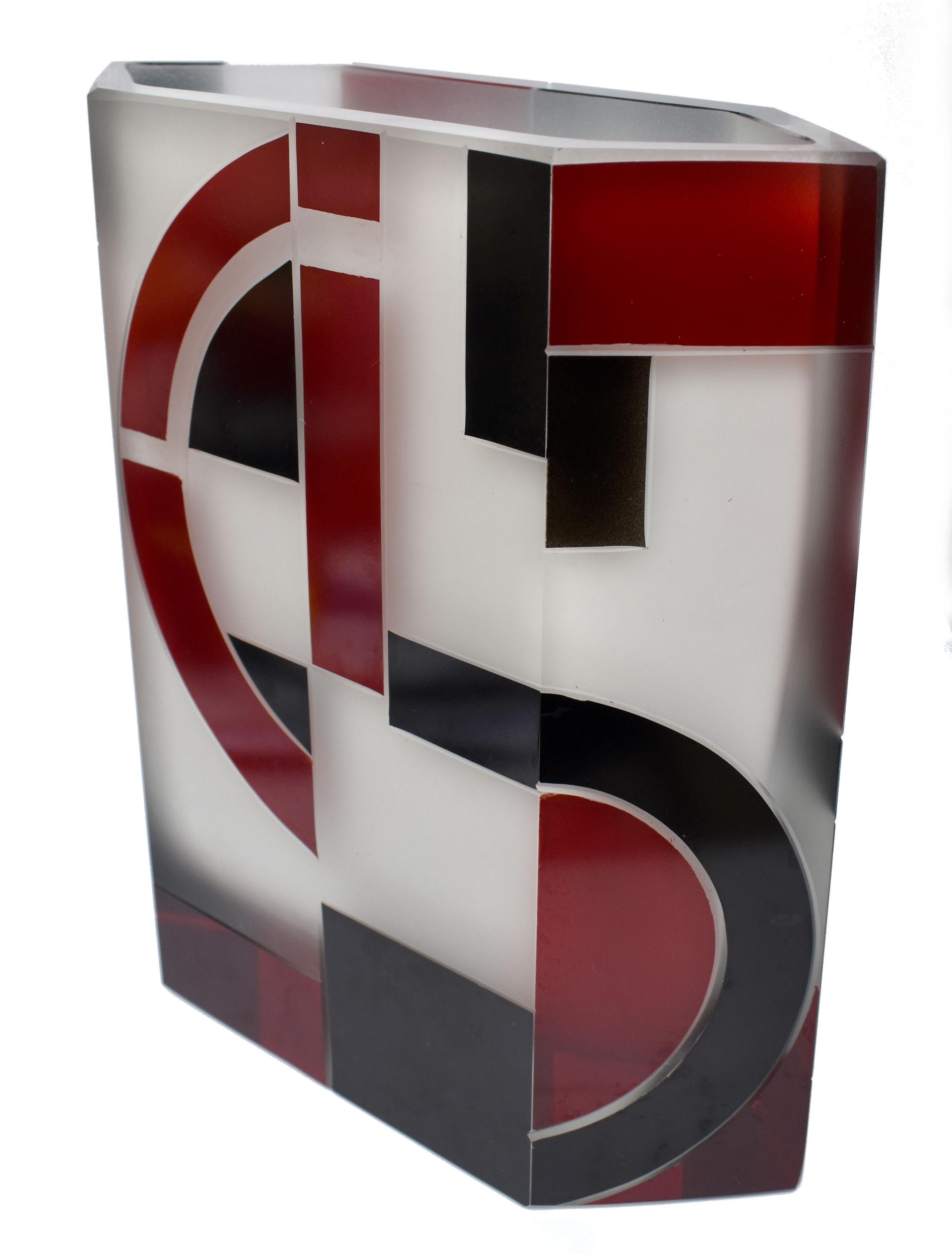 Enameled Art Deco Geometric Opaque Glass & Enamel Vase, Czech, C1930 For Sale
