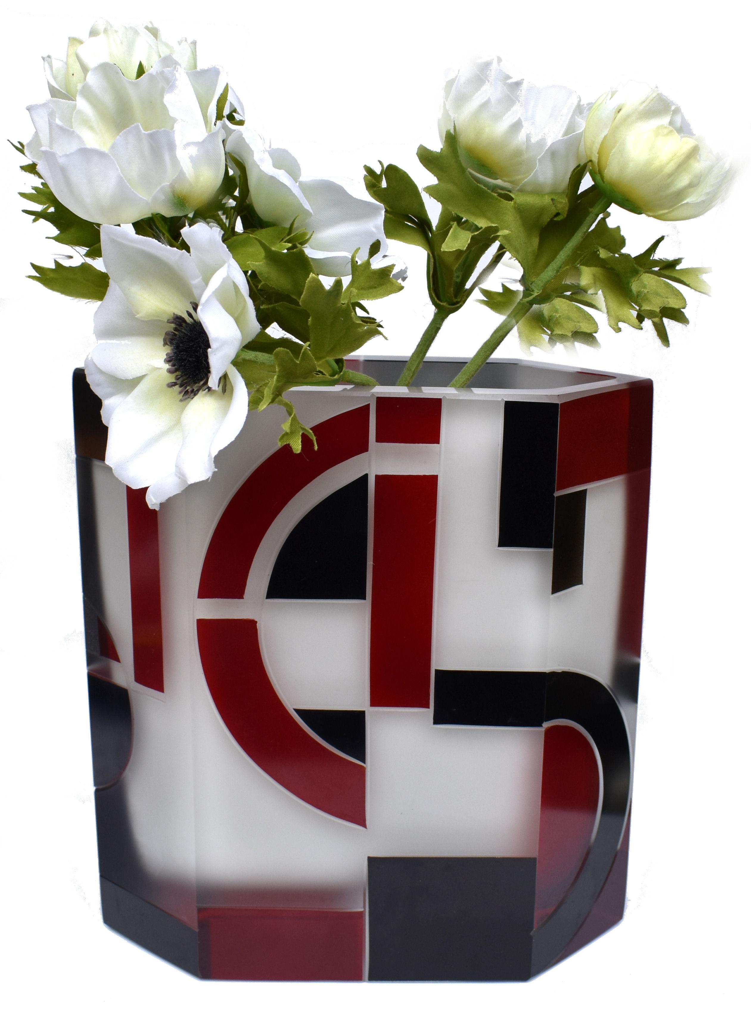 Art Deco Geometric Opaque Glass & Enamel Vase, Czech, C1930 For Sale 3