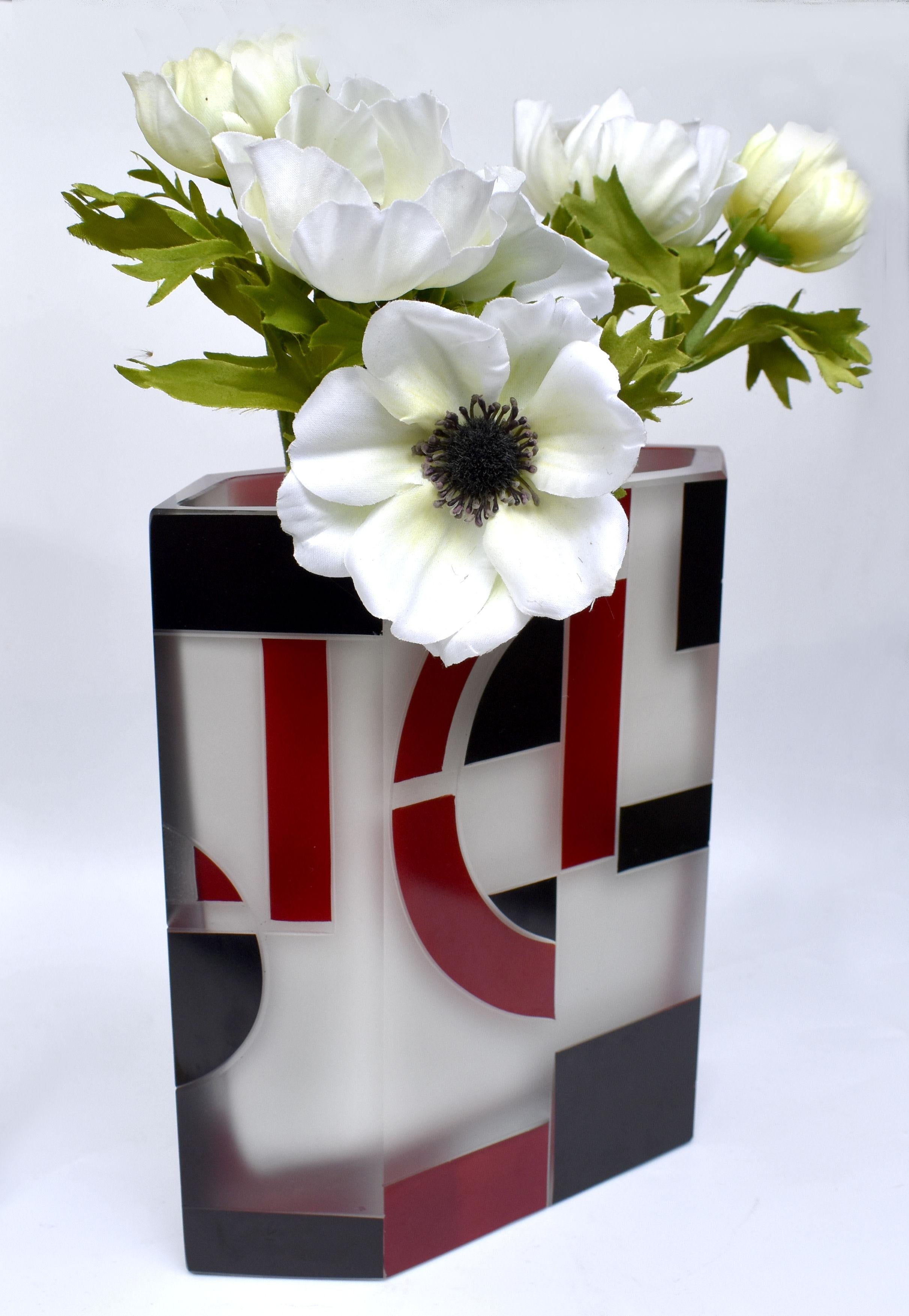 Art Deco Geometric Opaque Glass & Enamel Vase, Czech, C1930 For Sale 4