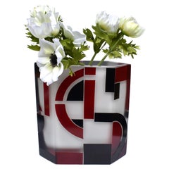 Art Deco Geometric Opaque Glass & Enamel Vase, Czech, C1930