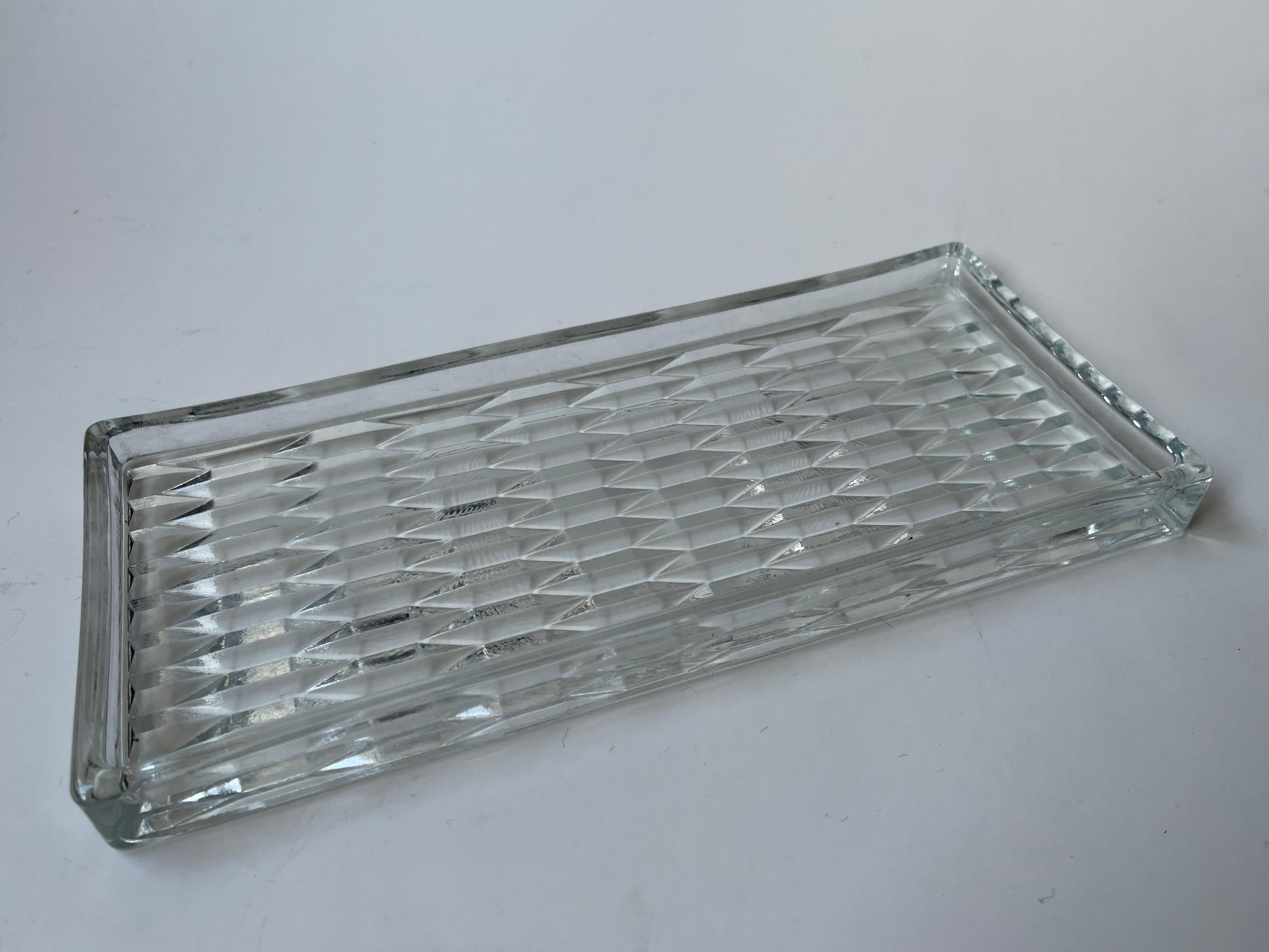 Art Glass Art Deco Geometric Pattern Pressed Glass Tray For Sale