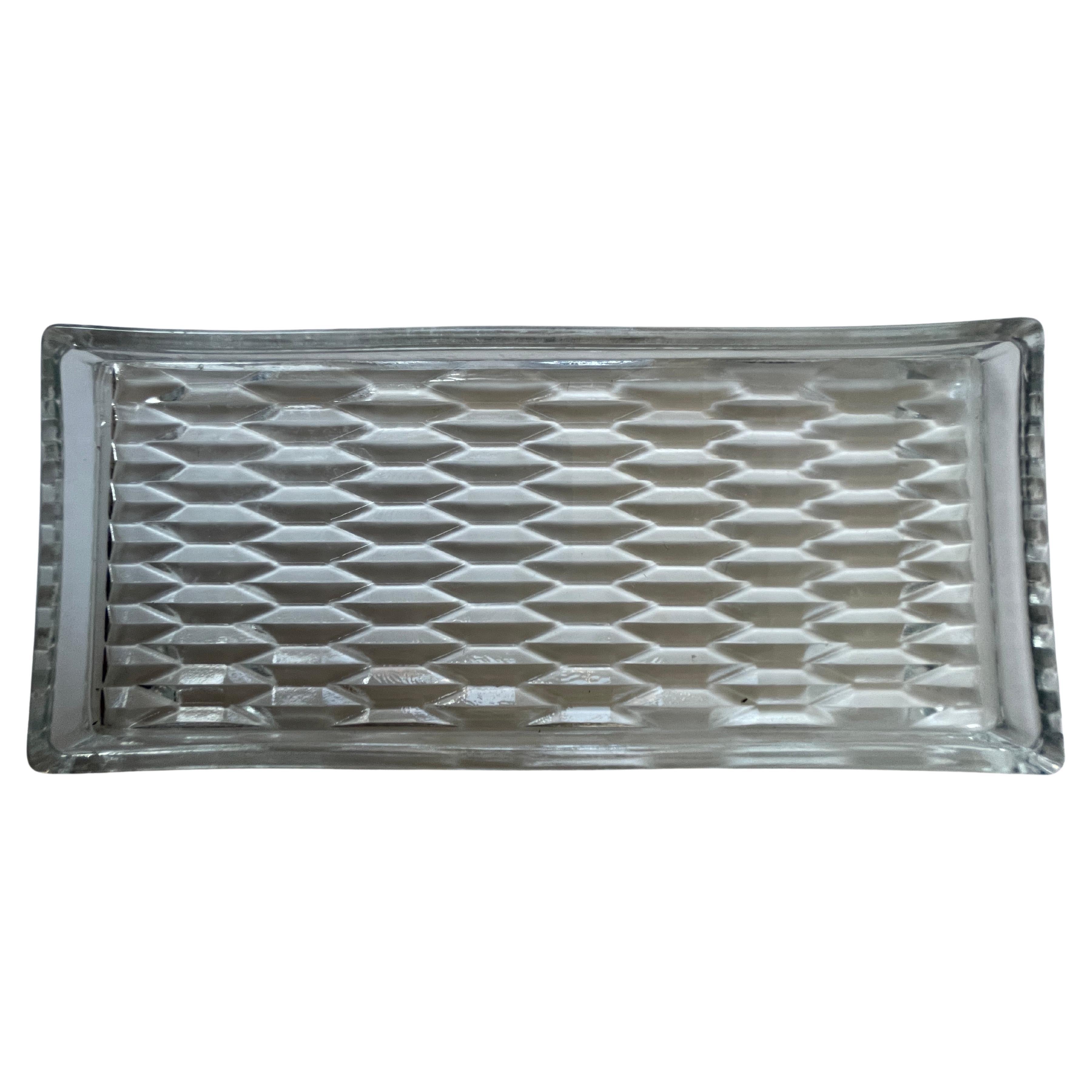 Art Deco Geometric Pattern Pressed Glass Tray For Sale