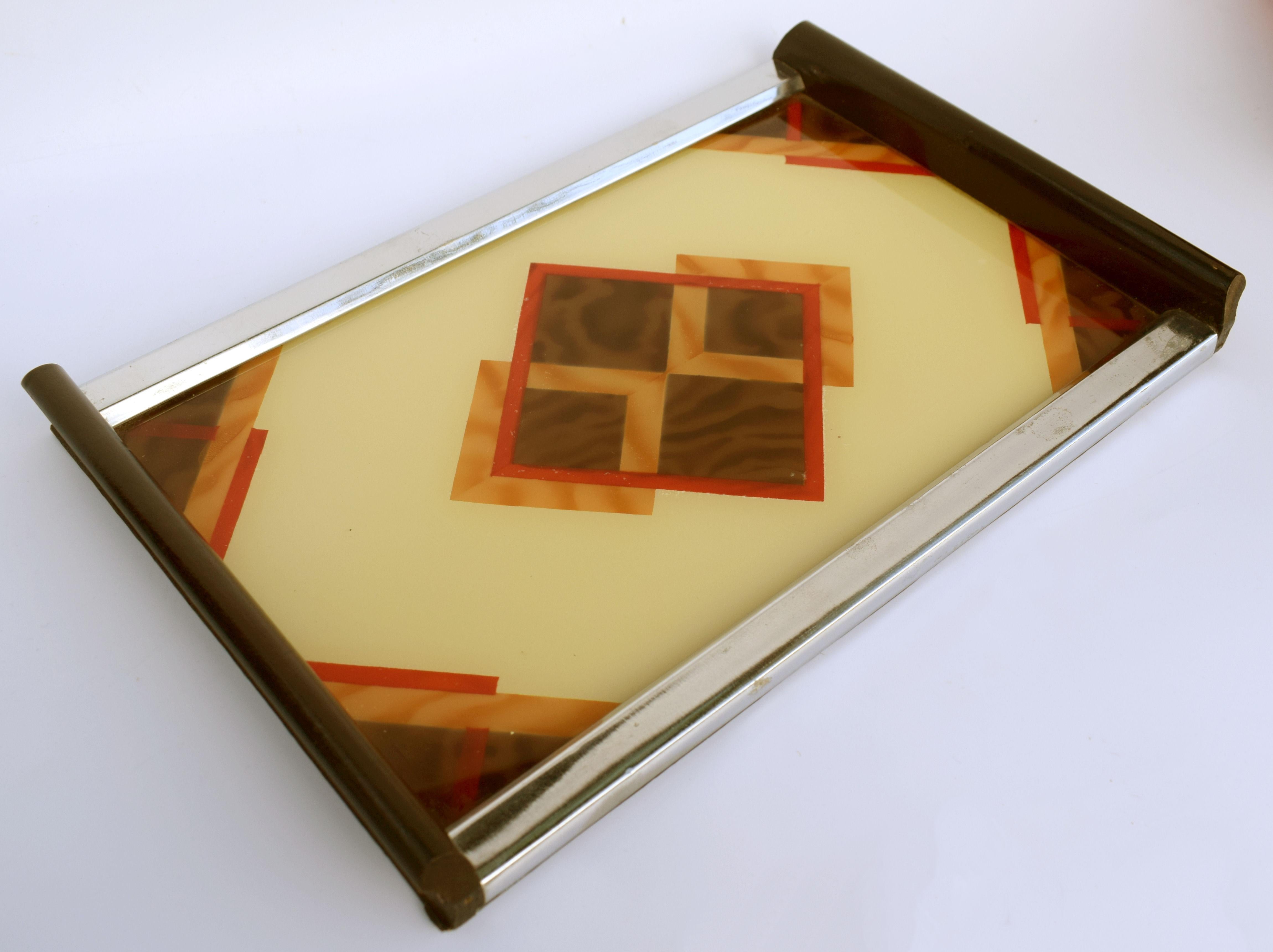 German Art Deco Geometric Reverse Painted Tray, 1930s