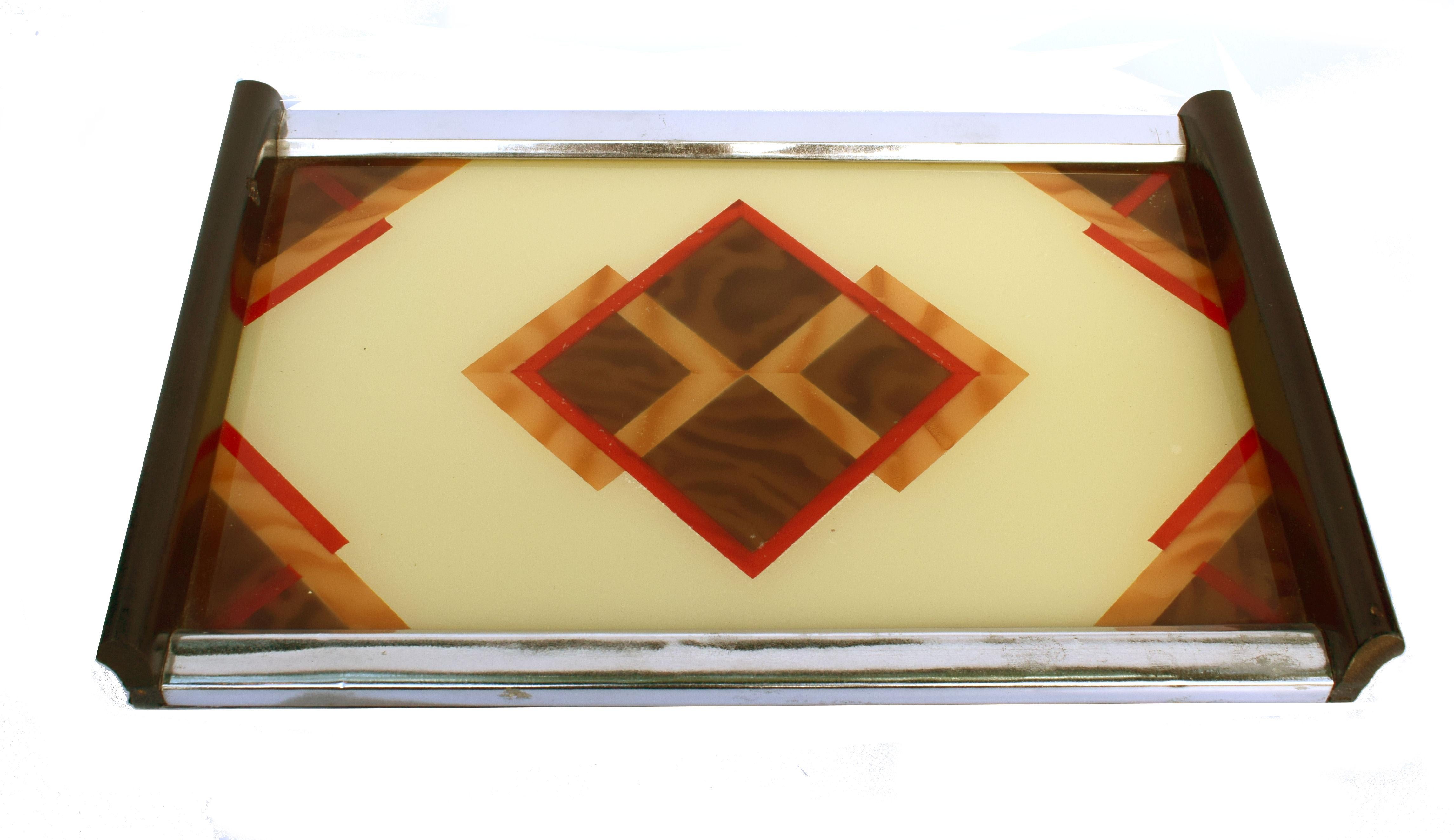 20th Century Art Deco Geometric Reverse Painted Tray, 1930s