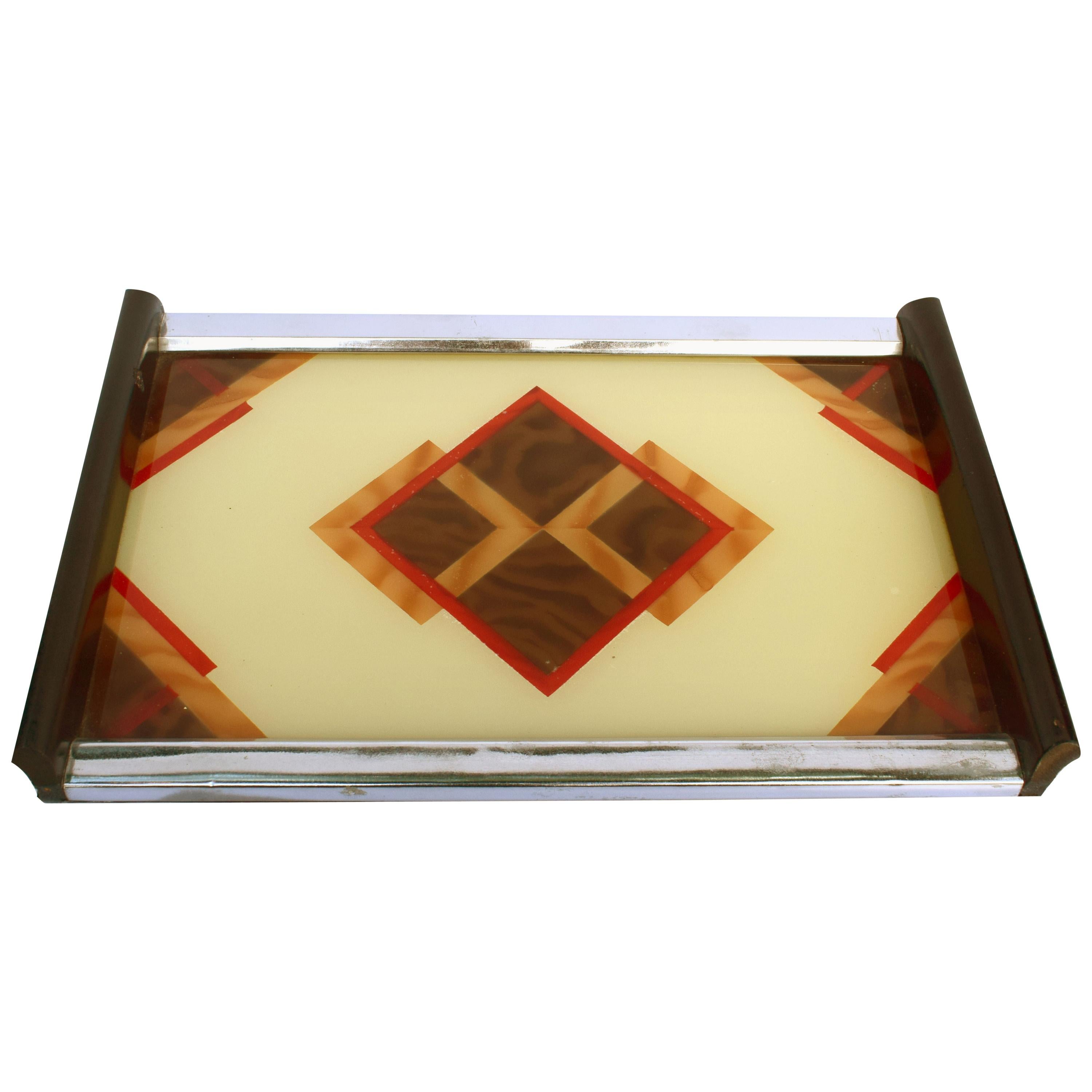 Art Deco Geometric Reverse Painted Tray, 1930s