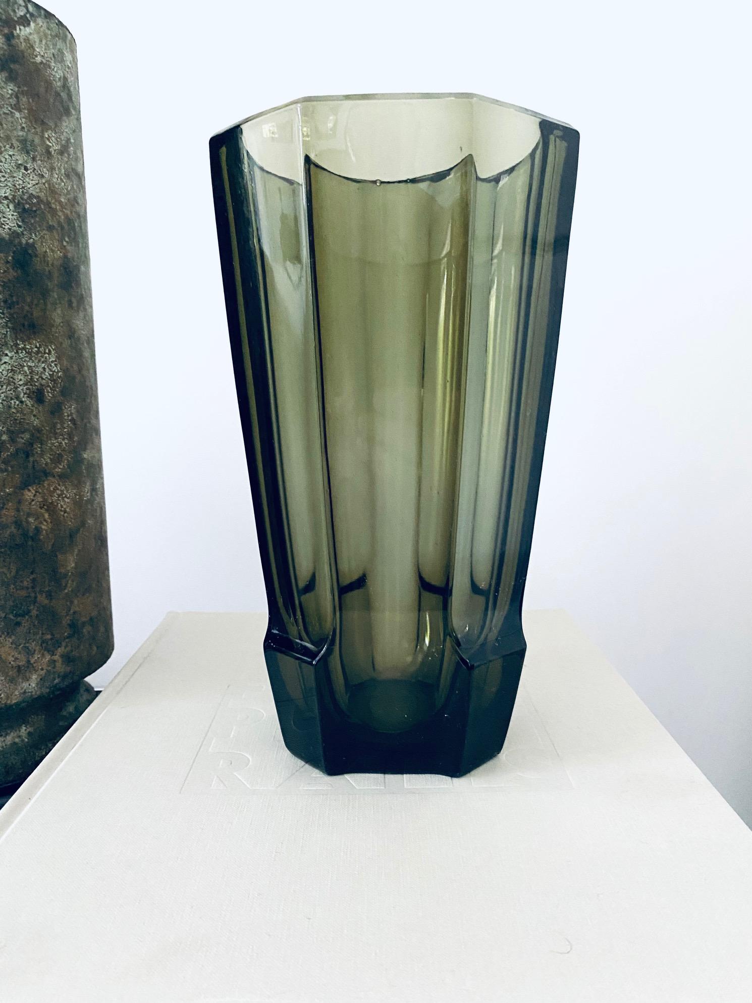 Art Deco Geometric Smoked Grey Glass Vase by Moser, Czech Republic, c. 1930's 6