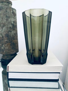 Art Deco Geometric Smoked Grey Glass Vase by Moser, Czech Republic, c. 1930's