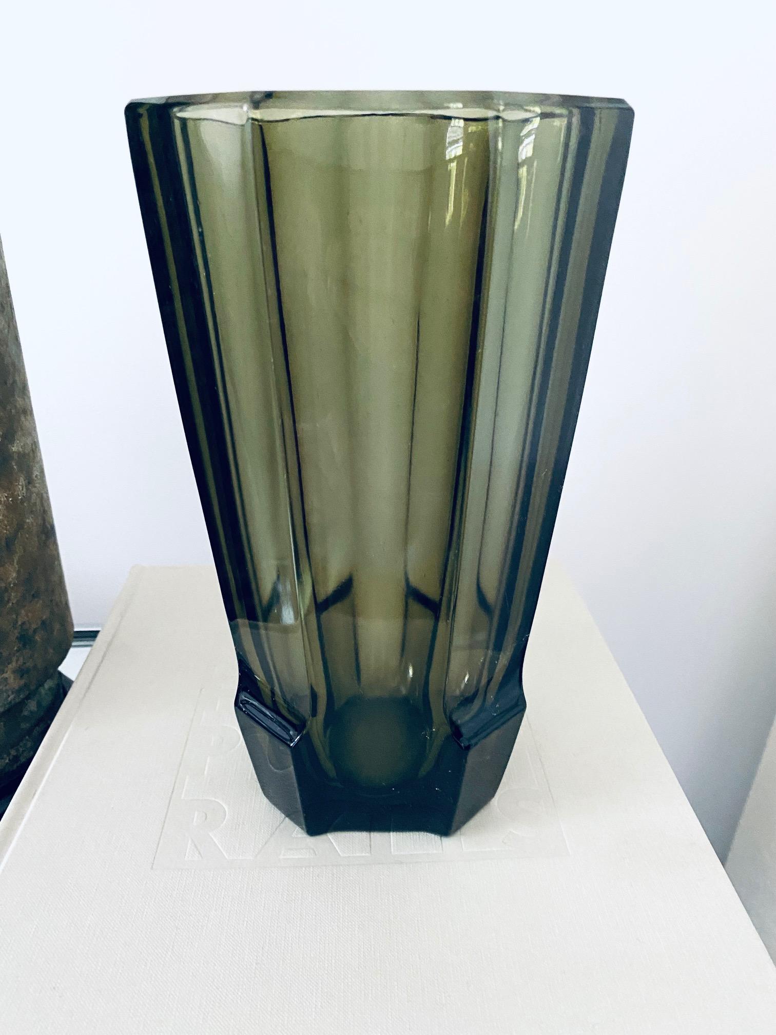 Art Deco Geometric Smoked Grey Glass Vase by Moser, Czech Republic, c. 1930's In Fair Condition In Fort Lauderdale, FL