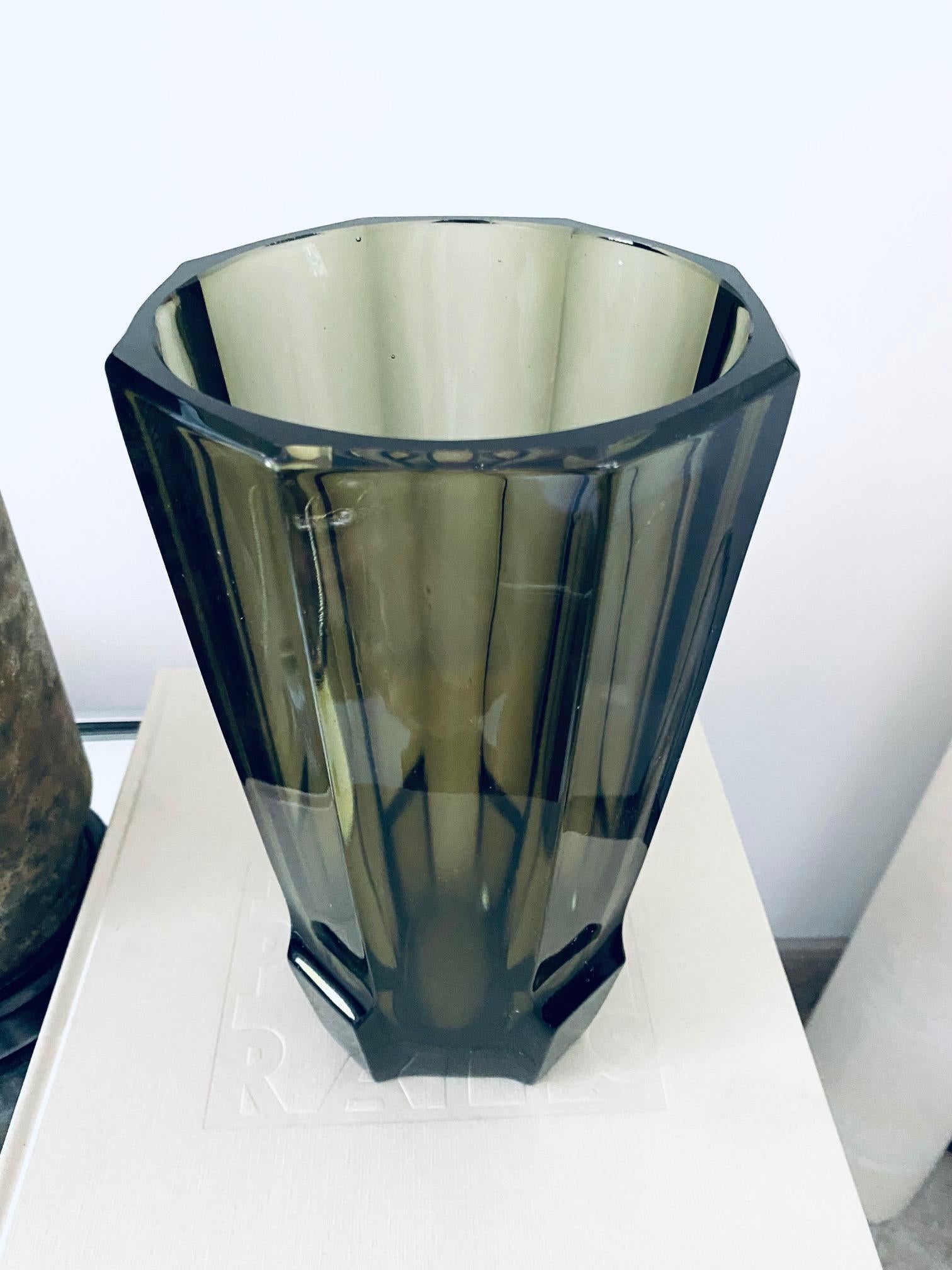 Mid-20th Century Art Deco Geometric Smoked Grey Glass Vase by Moser, Czech Republic, c. 1930's