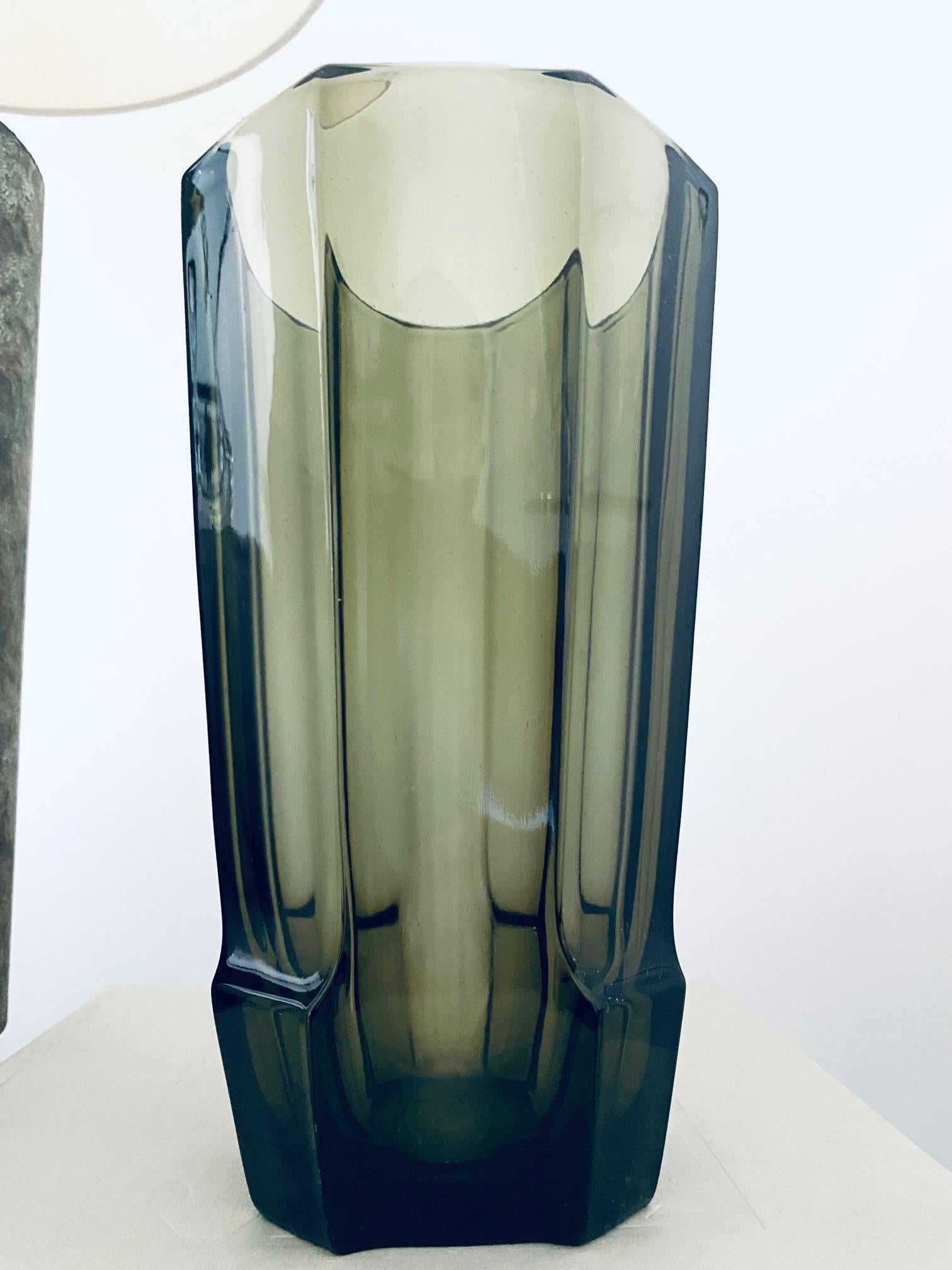 Art Deco Geometric Smoked Grey Glass Vase by Moser, Czech Republic, c. 1930's 2