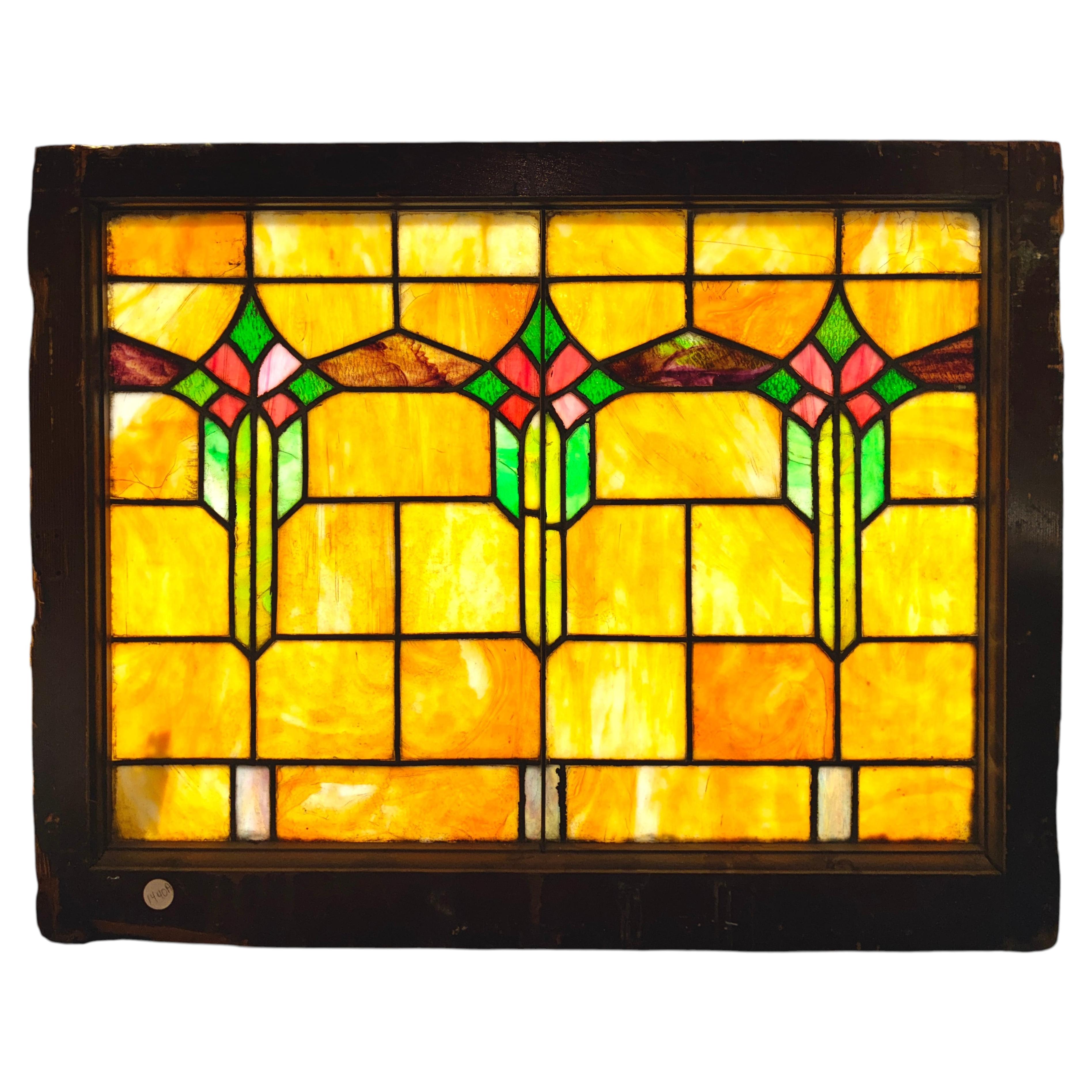 Art Deco Geometric Stained Glass Window 33" x 27"