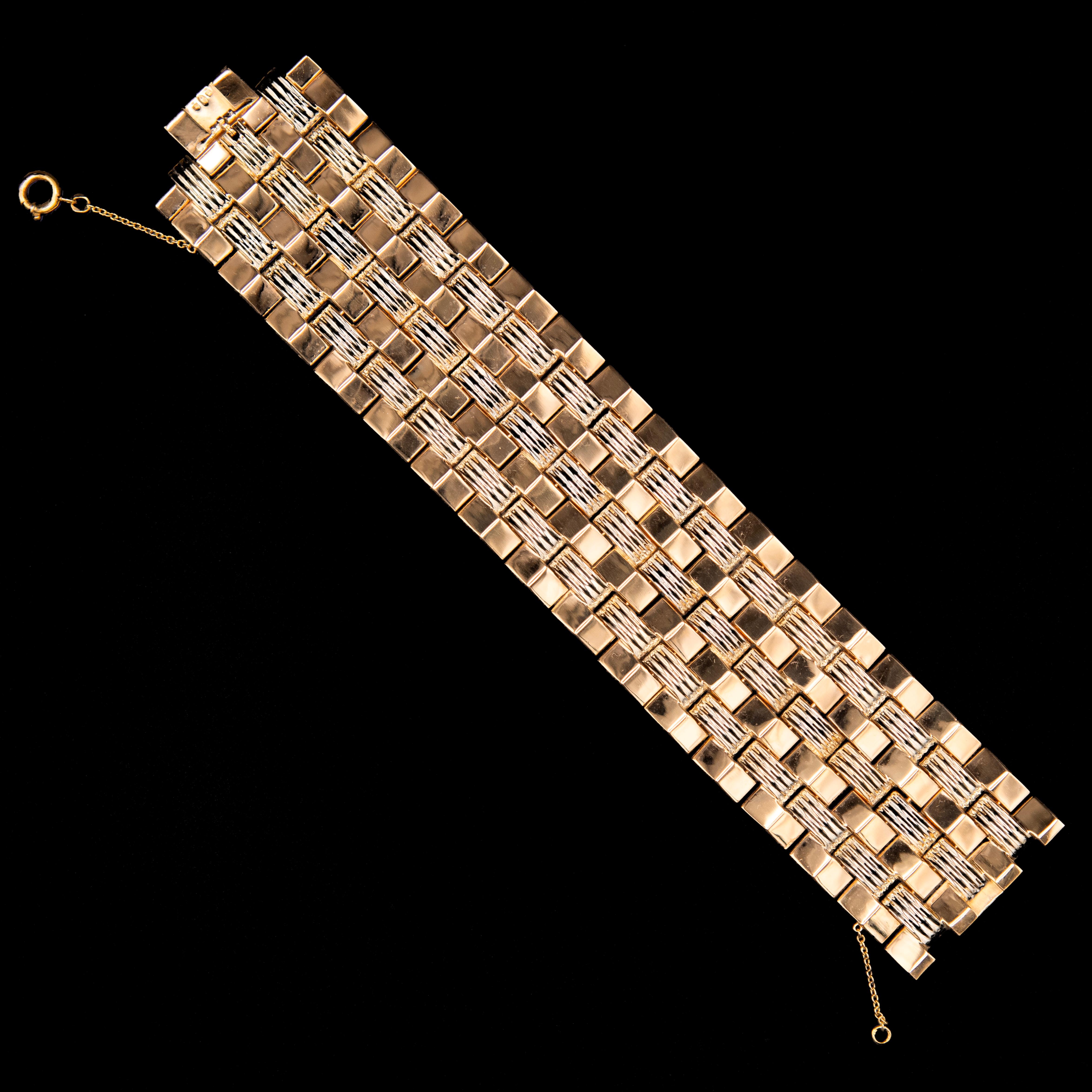 Women's or Men's Art Deco Style Geometric Tank Bracelet Rose and White Gold Portuguese 1940s For Sale