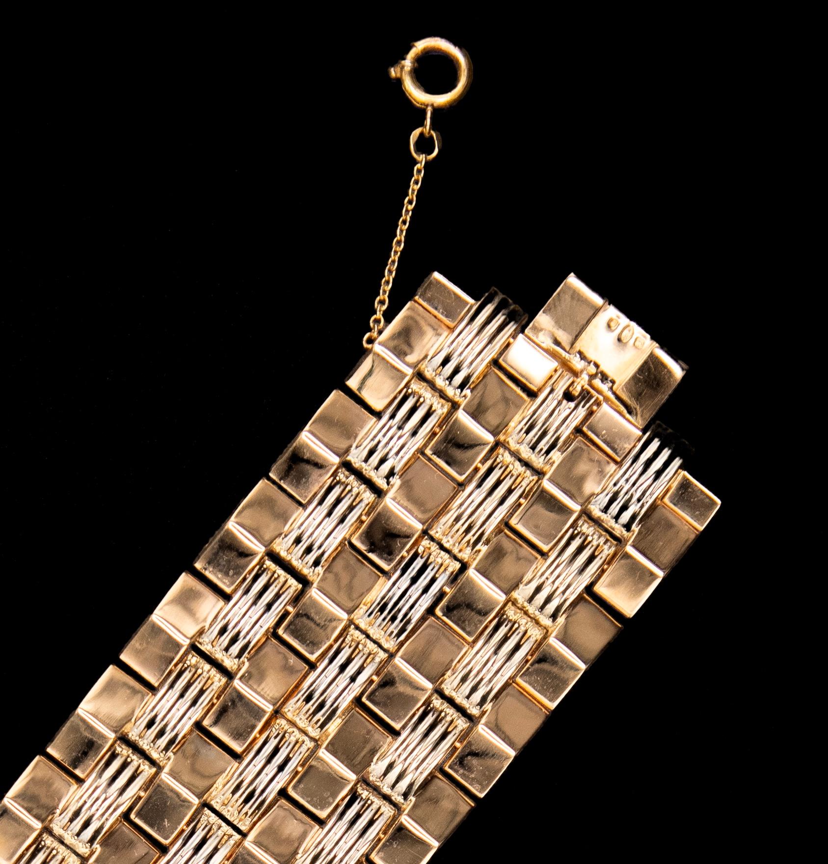 Art Deco Style Geometric Tank Bracelet Rose and White Gold Portuguese 1940s For Sale 1