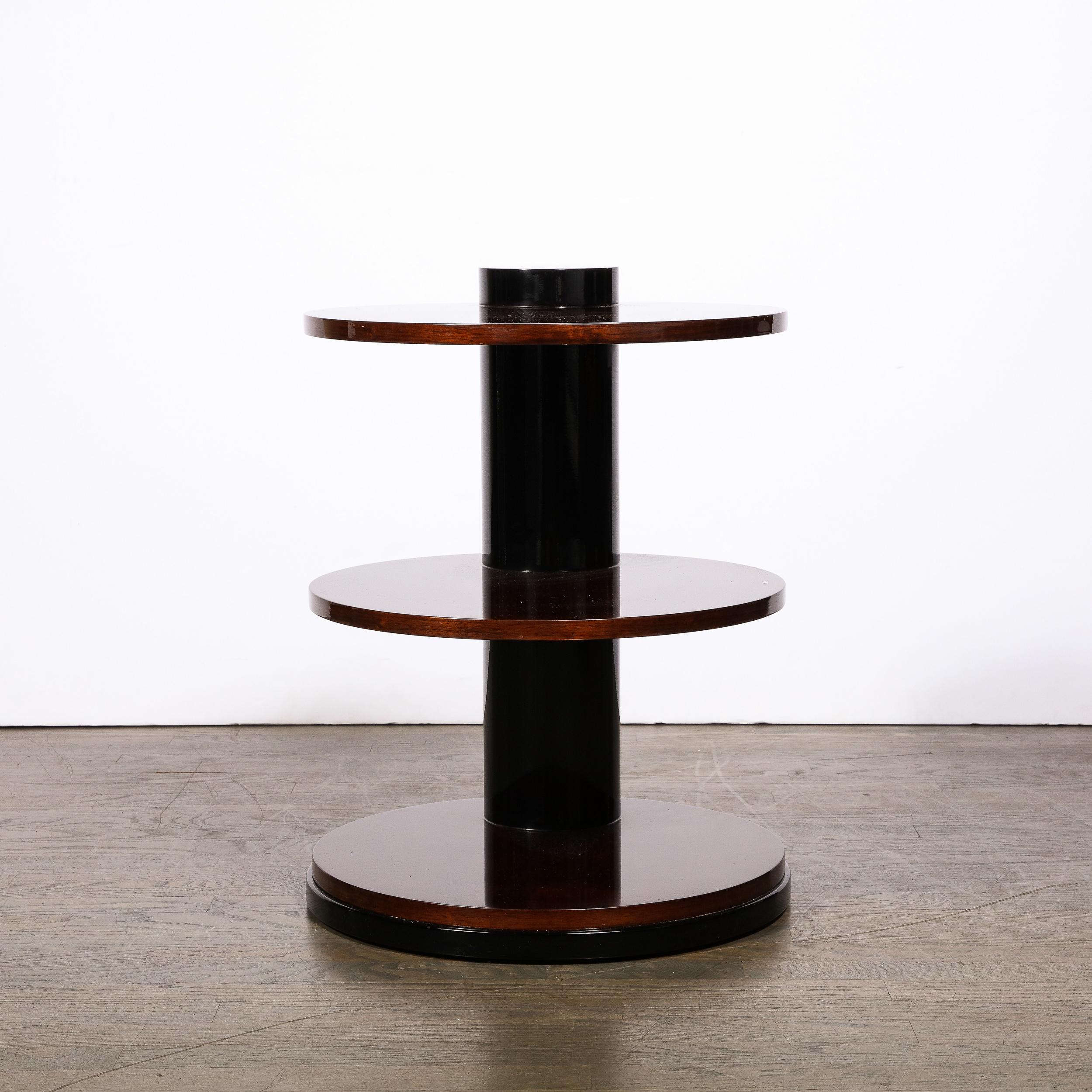American Art Deco Geometric Three-Tier Walnut Table & Black Lacquer Occasional Table