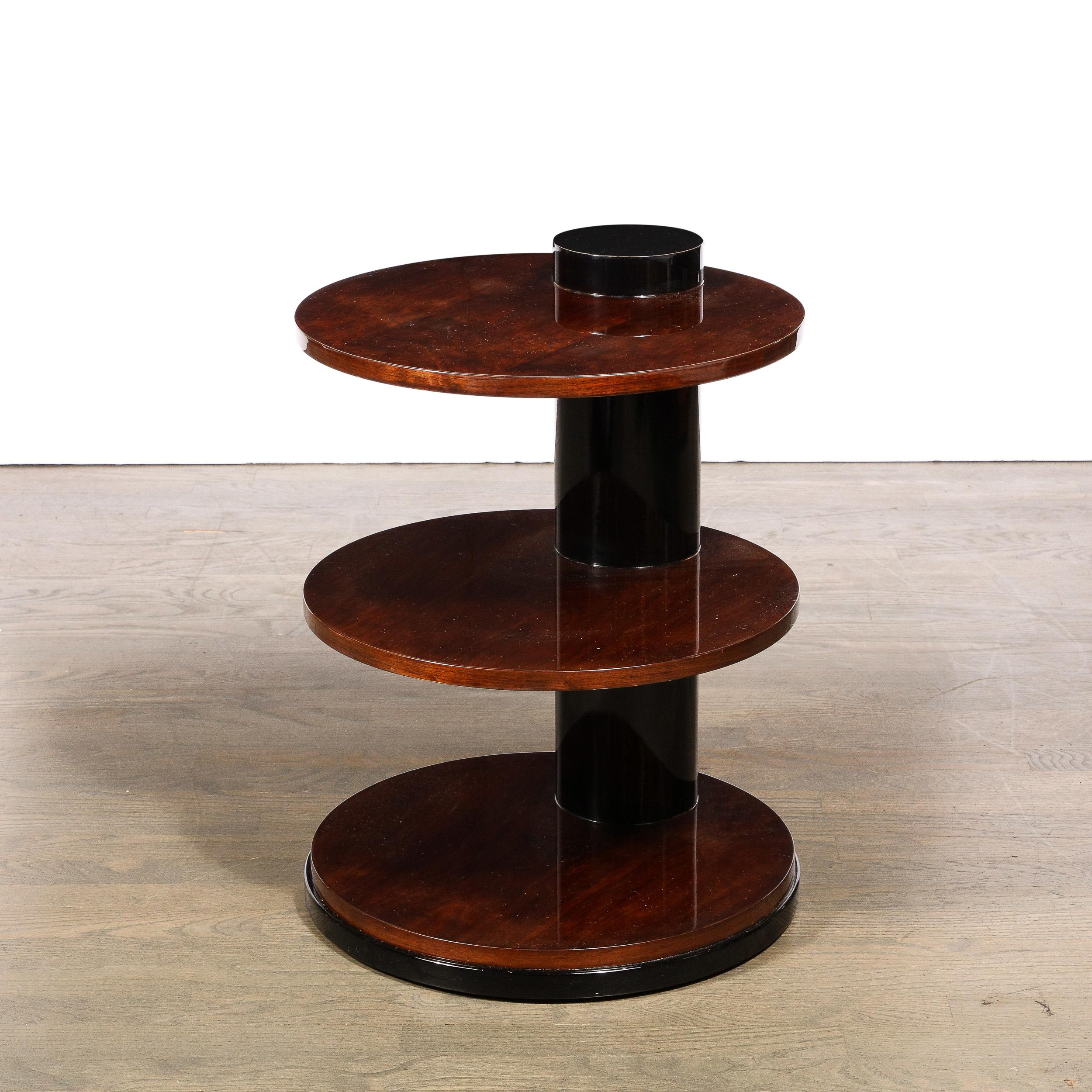 Art Deco Geometric Three-Tier Walnut Table & Black Lacquer Occasional Table In Excellent Condition In New York, NY