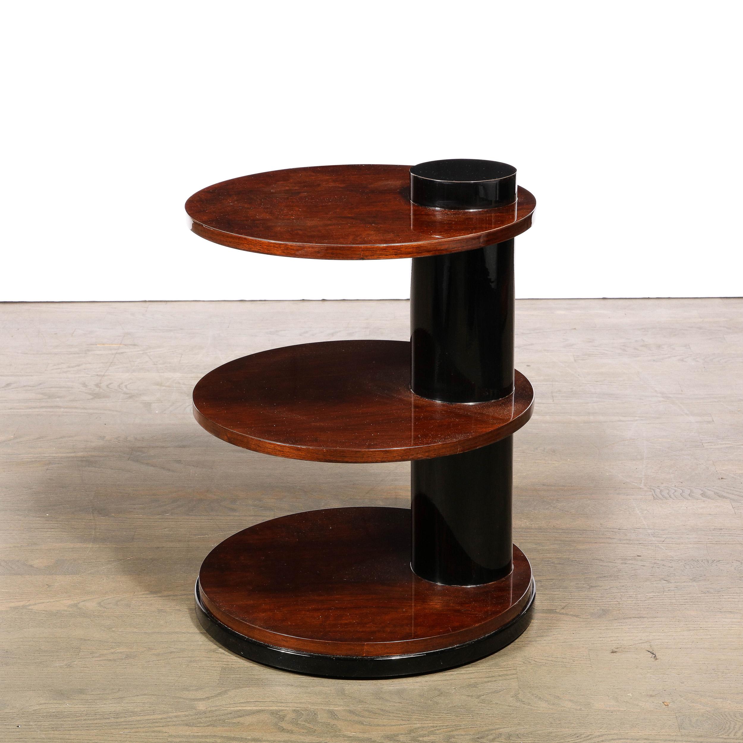 Mid-20th Century Art Deco Geometric Three-Tier Walnut Table & Black Lacquer Occasional Table
