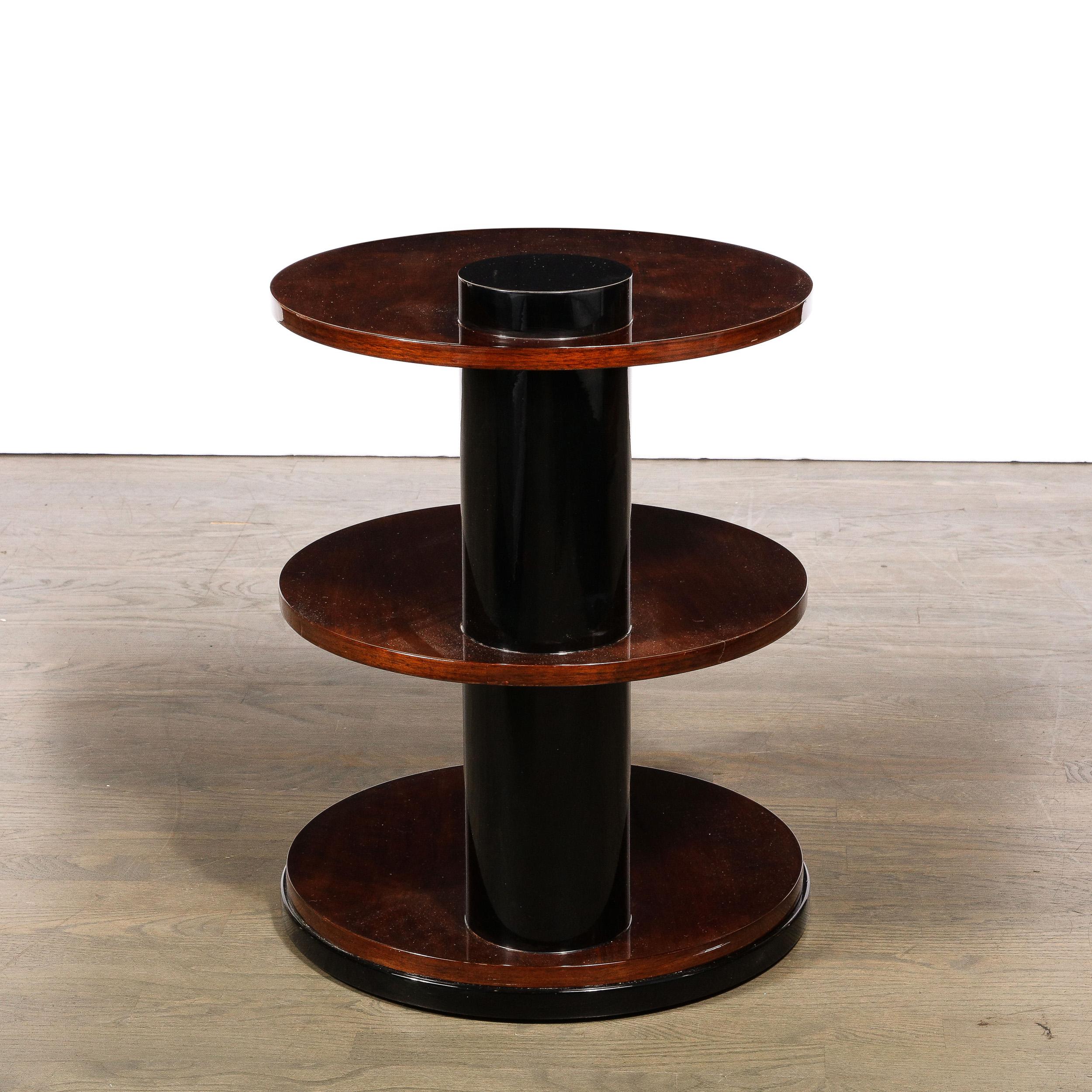 Art Deco Geometric Three-Tier Walnut Table & Black Lacquer Occasional Table 1
