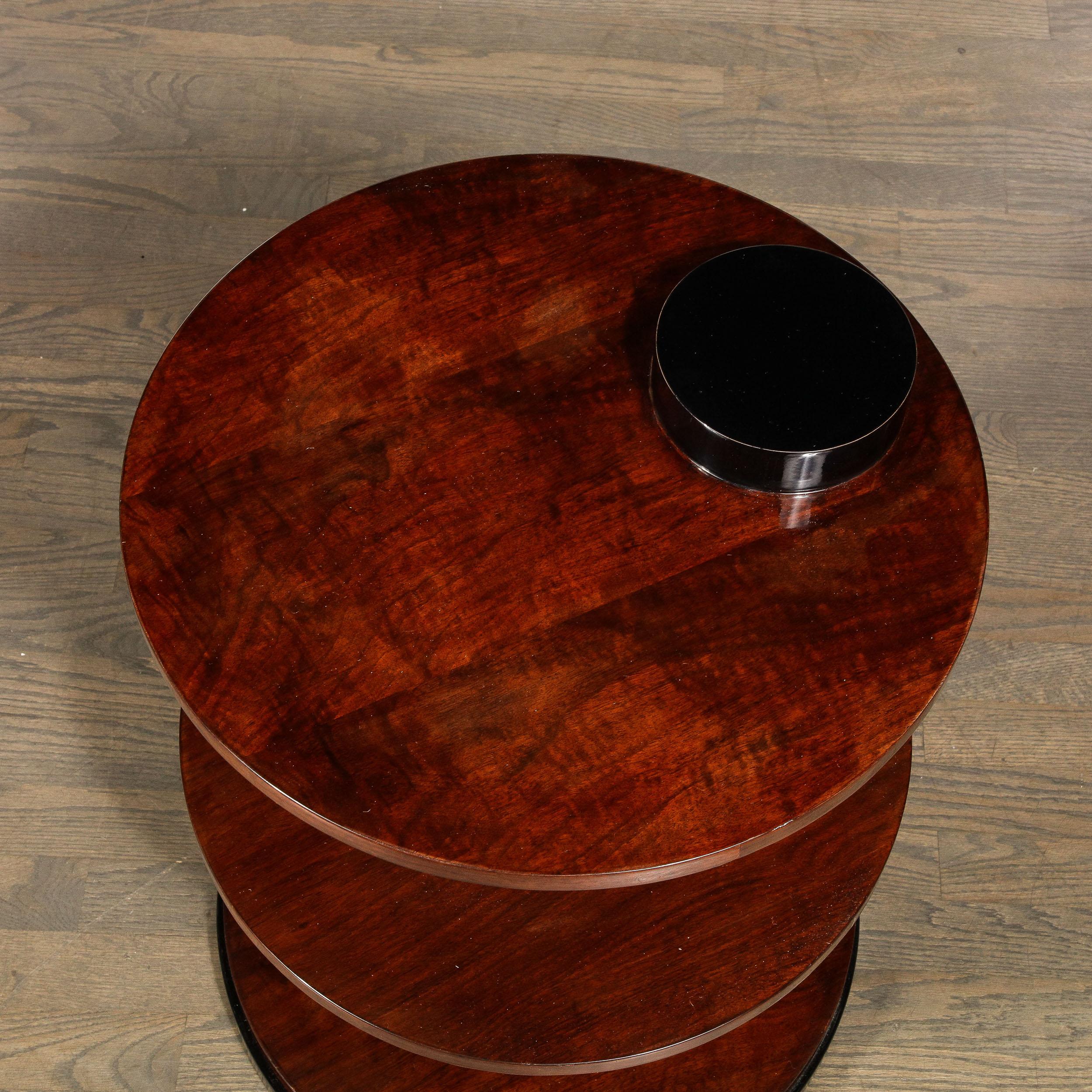 Art Deco Geometric Three-Tier Walnut Table & Black Lacquer Occasional Table 3