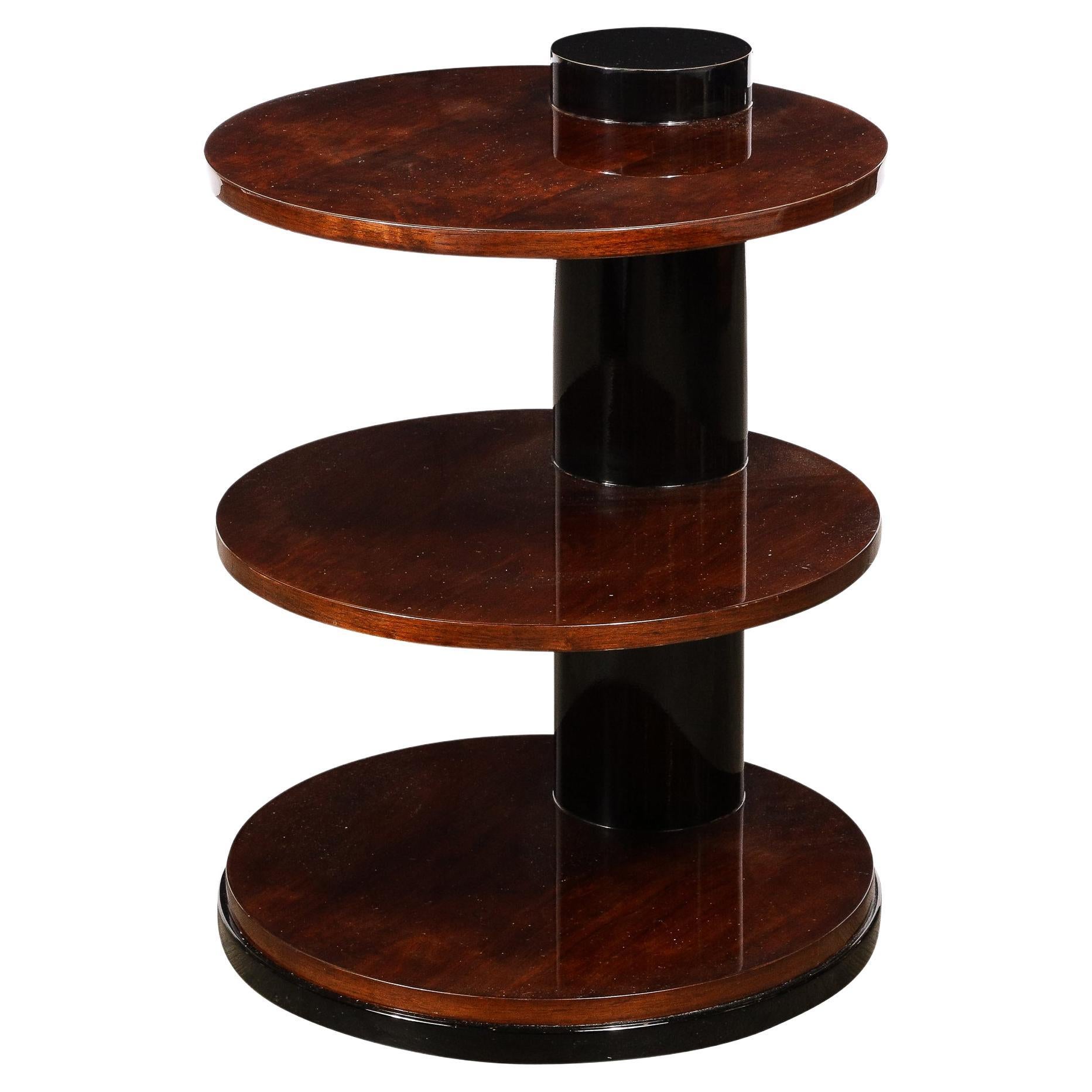 Art Deco Geometric Three-Tier Walnut Table & Black Lacquer Occasional Table