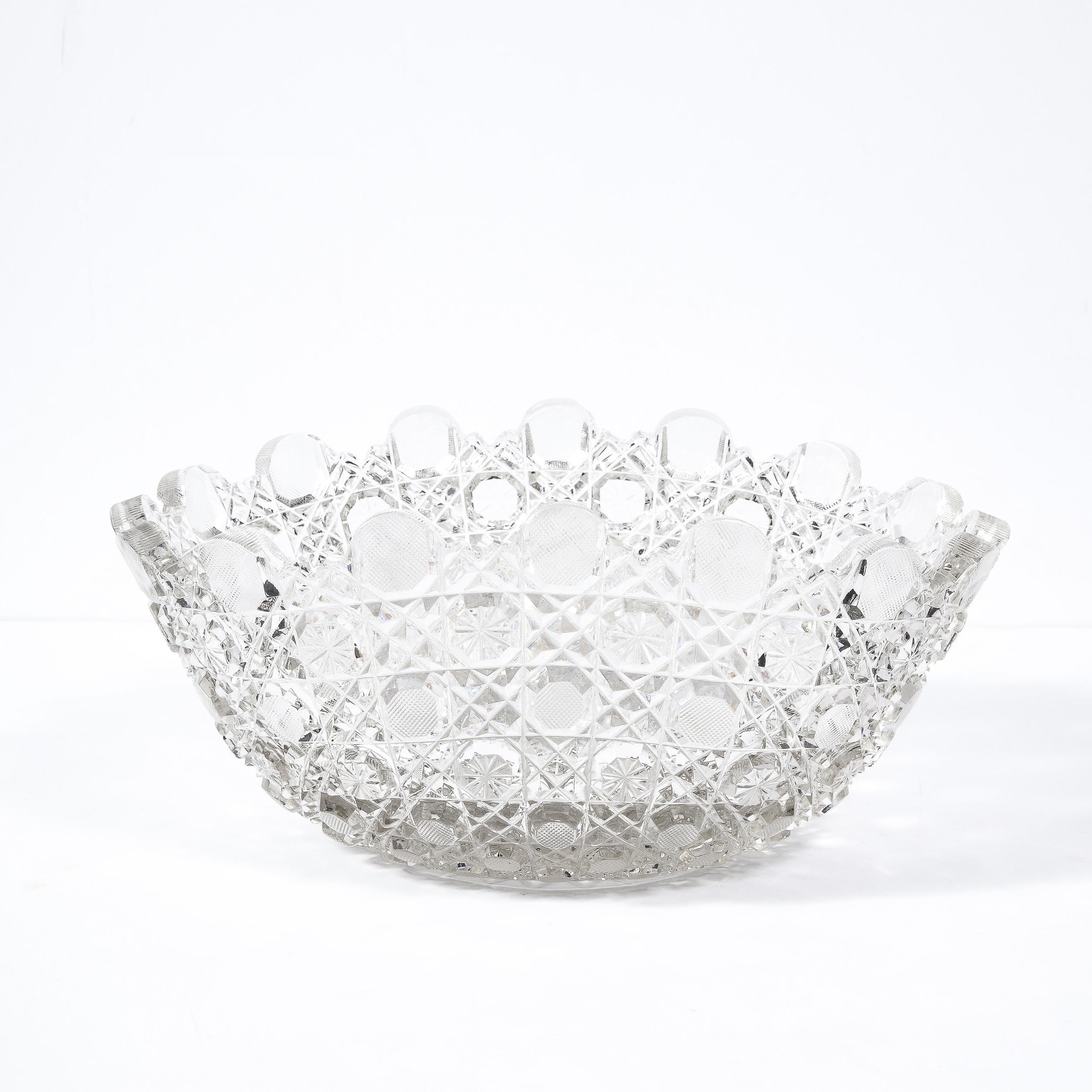 Art Deco Geometric Translucent Glass Bowl Etched with Harvard Pattern 2
