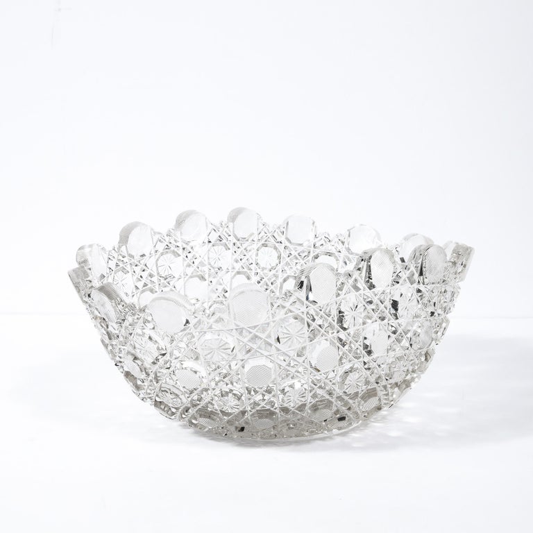 Art Deco Geometric Translucent Glass Bowl Etched with Harvard Pattern