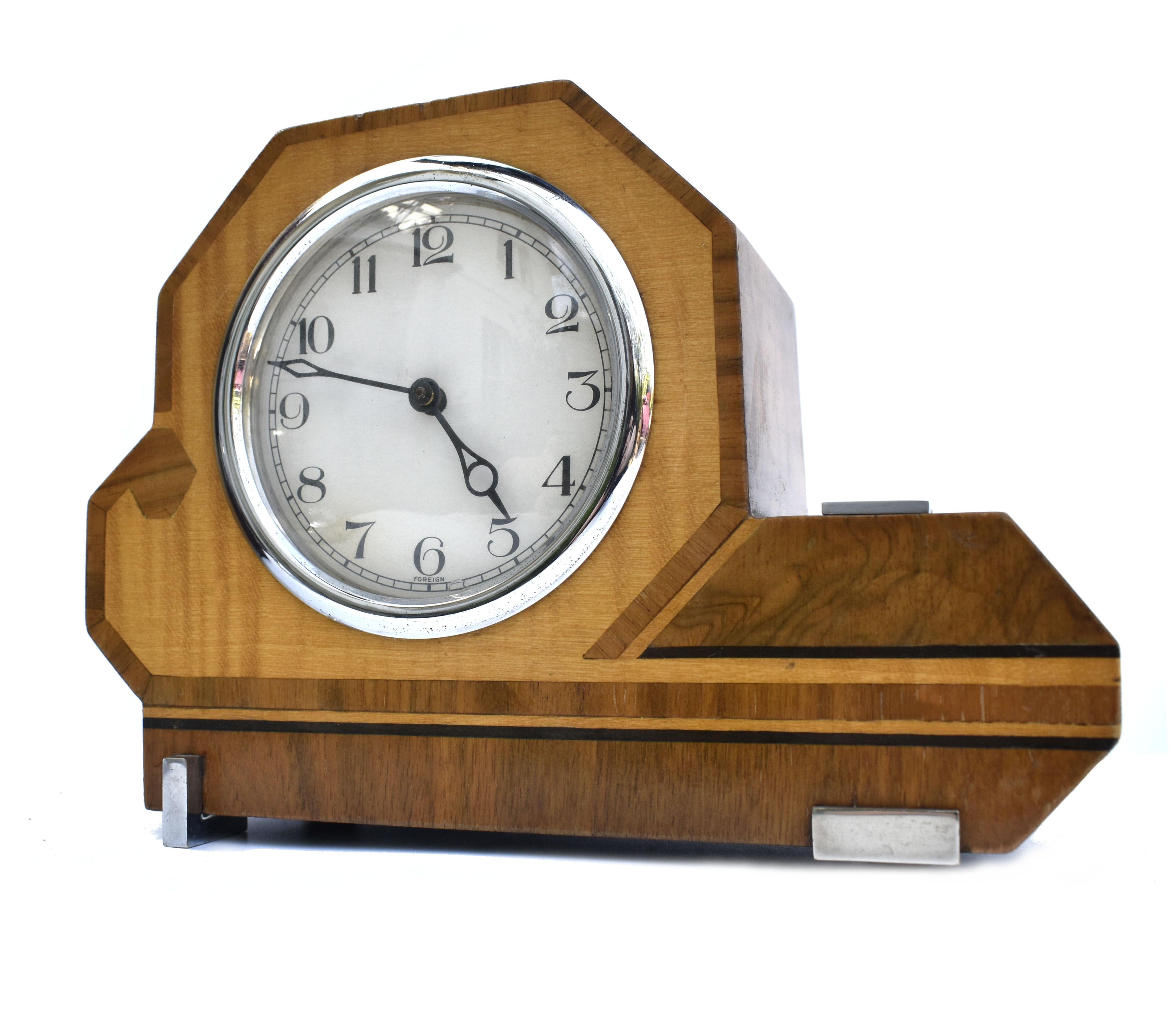 Brass Art Deco Geometric Two Tone Wooden Mantle Clock, English, c1930 For Sale