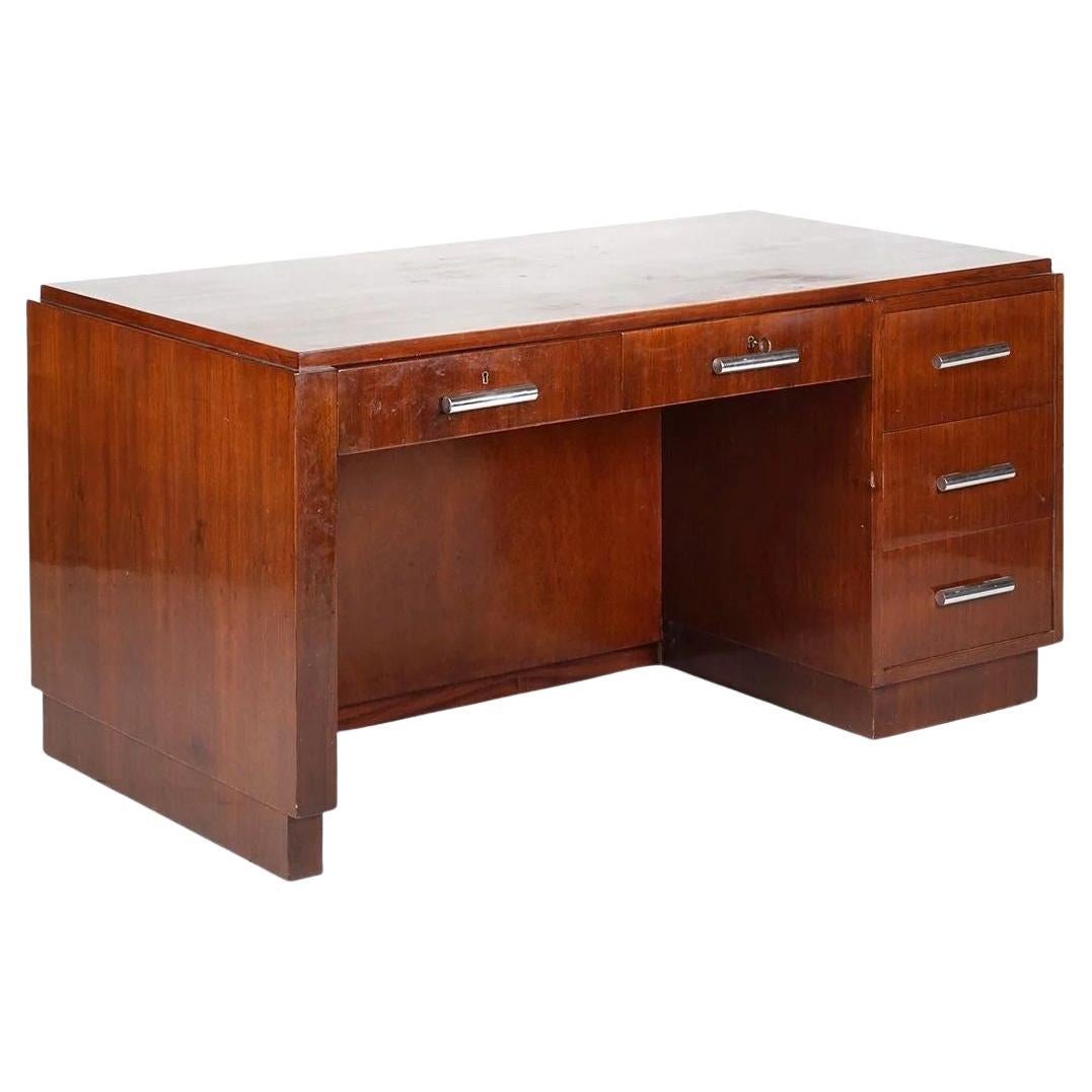 Art Deco Geometric Writing Mahogany Desk W/ Chrome Handles For Sale