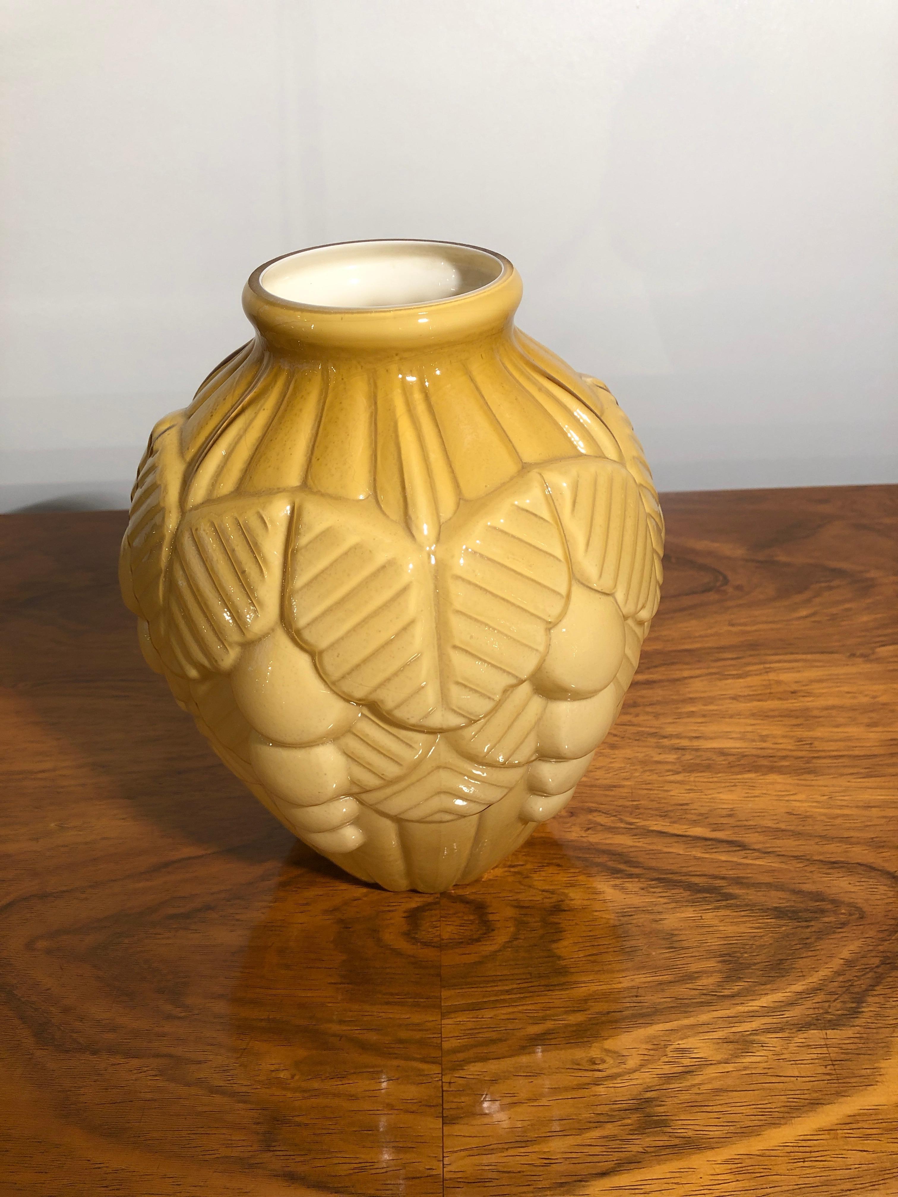 Art Deco Geometrical Fruit Grapes Motif Belgian Yellow Glass Vase, 1930s 2