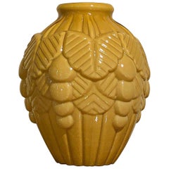 Art Deco Geometrical Fruit Grapes Motif Belgian Yellow Glass Vase, 1930s