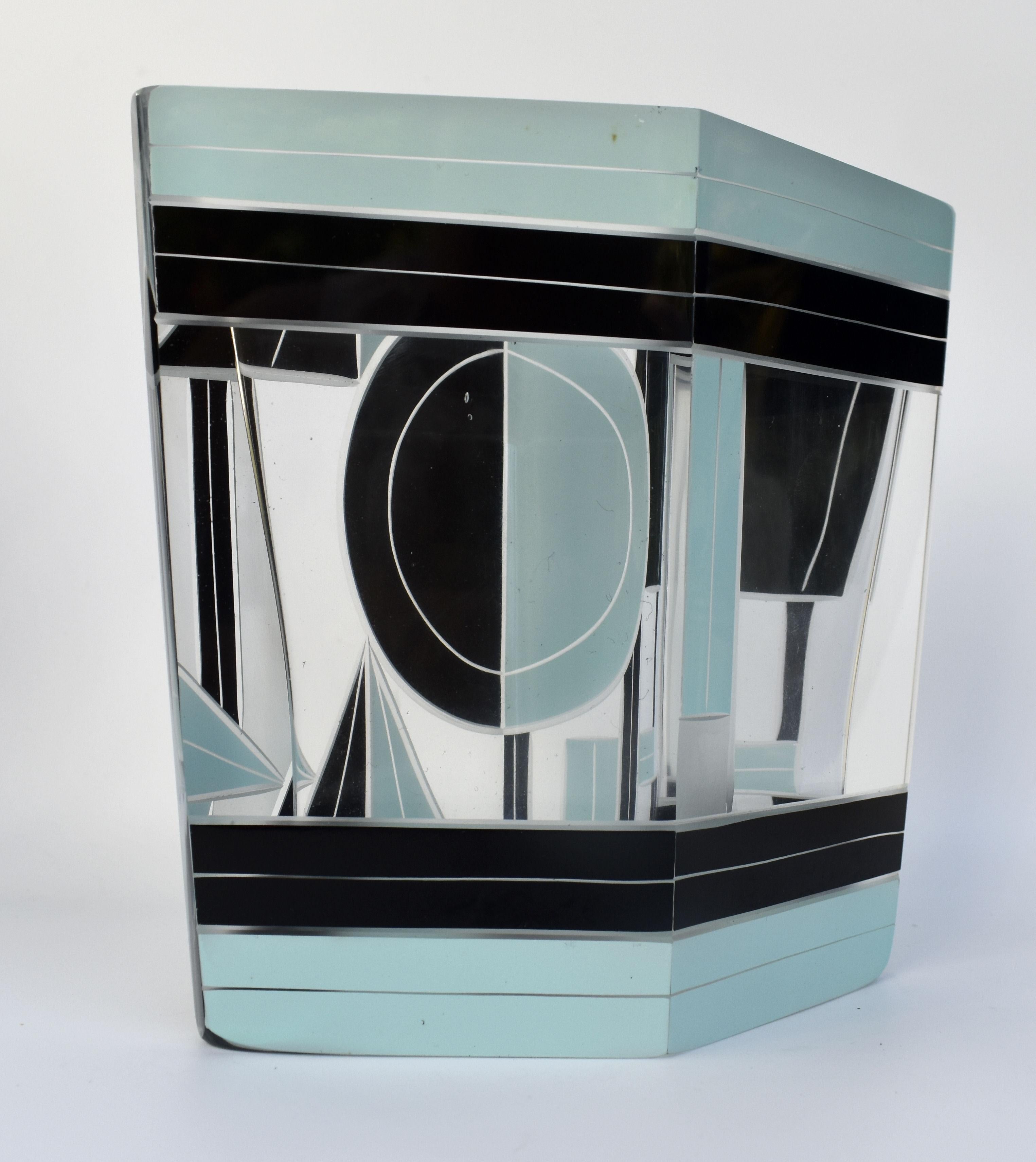 Art Deco Geometrically Decorated Enamel Glass & Etched Vase, Czech, C1935 For Sale 5