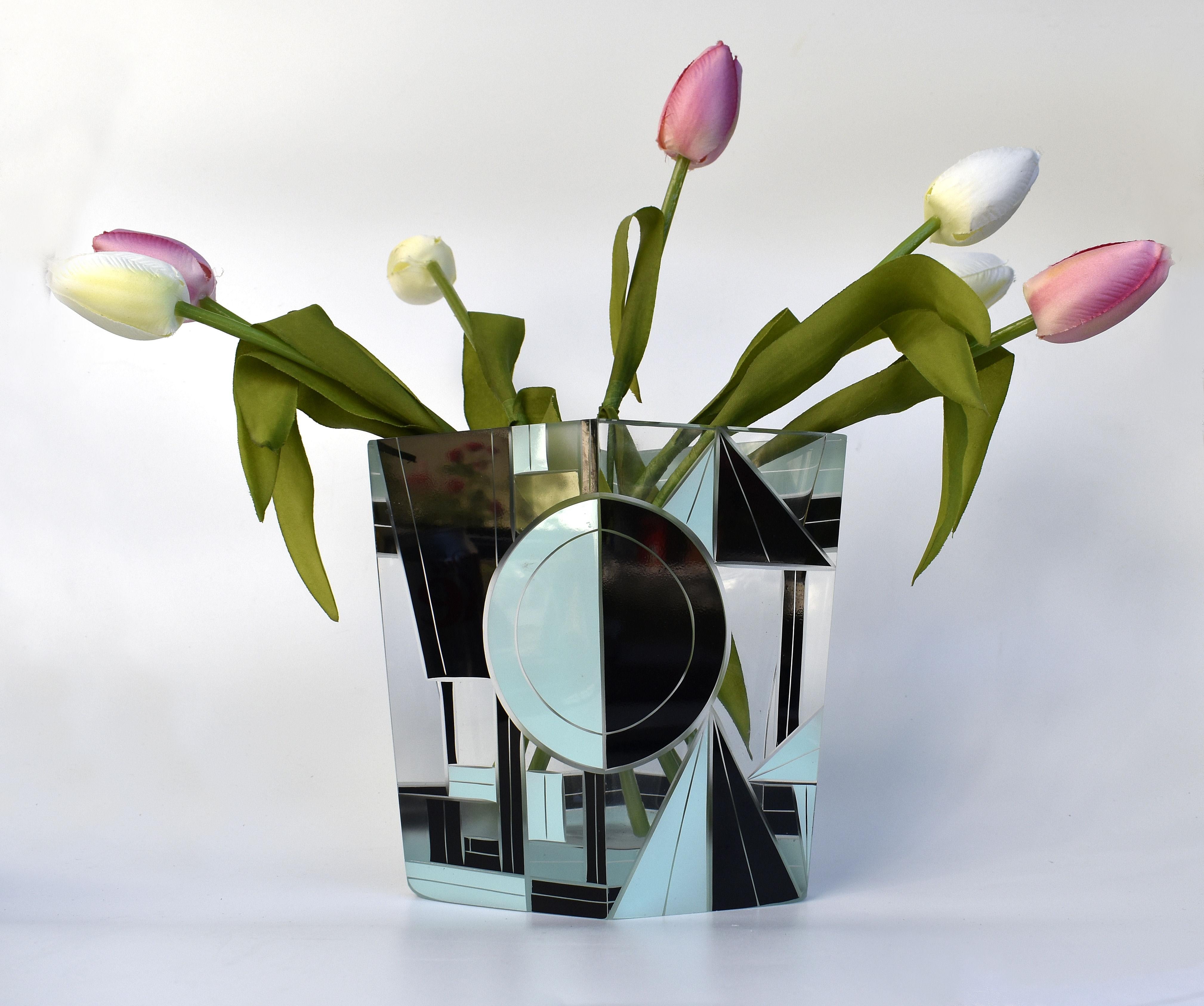 An exceptional 1930's Art Deco glass vase possibly by Karl Palda, originating from the Czech Republic and what a gem it is, It really does have an impact, being strongly decorated with two tone geometric decoration in Grey and black. Heavy in weight