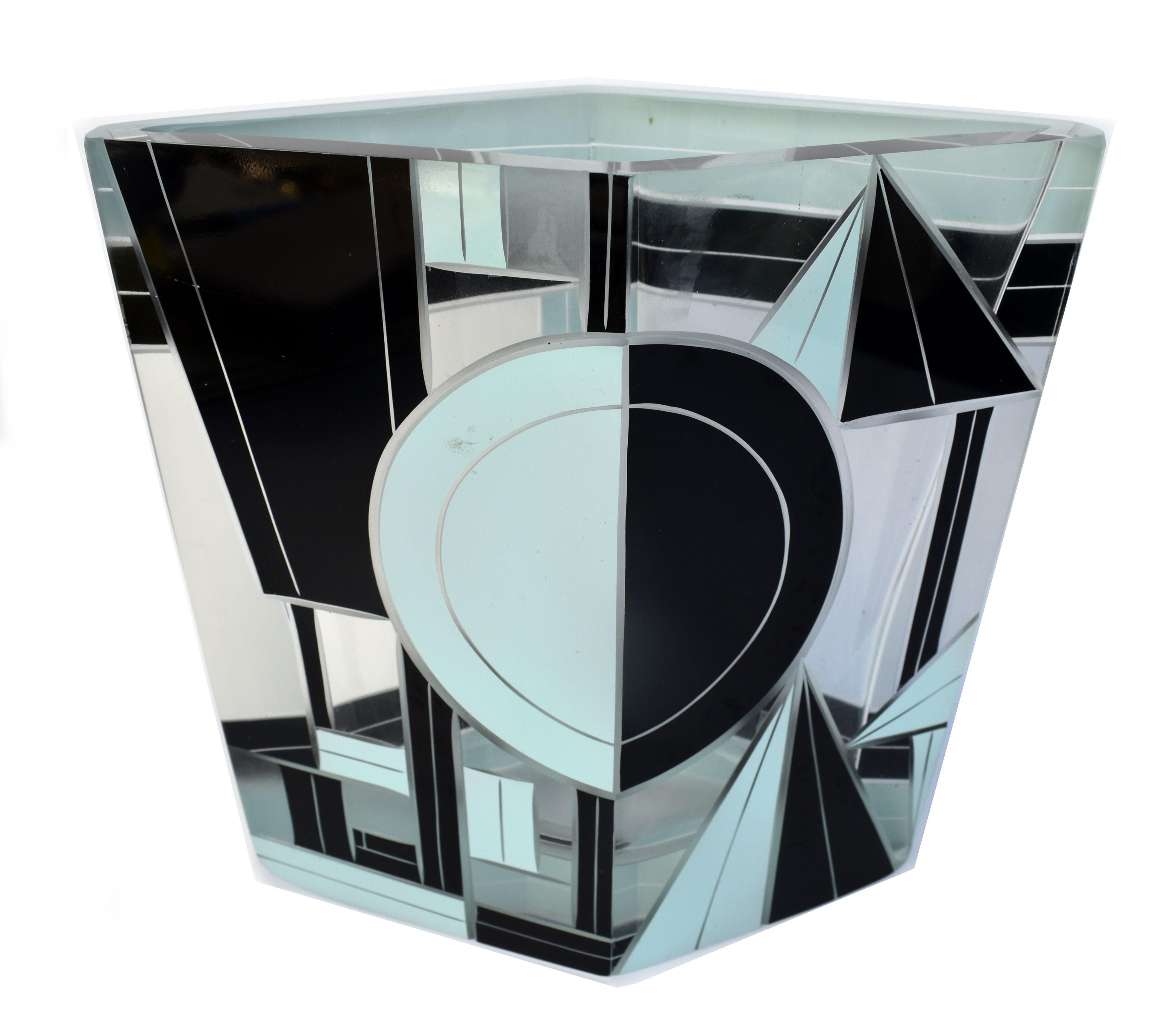 20th Century Art Deco Geometrically Decorated Enamel Glass & Etched Vase, Czech, C1935 For Sale