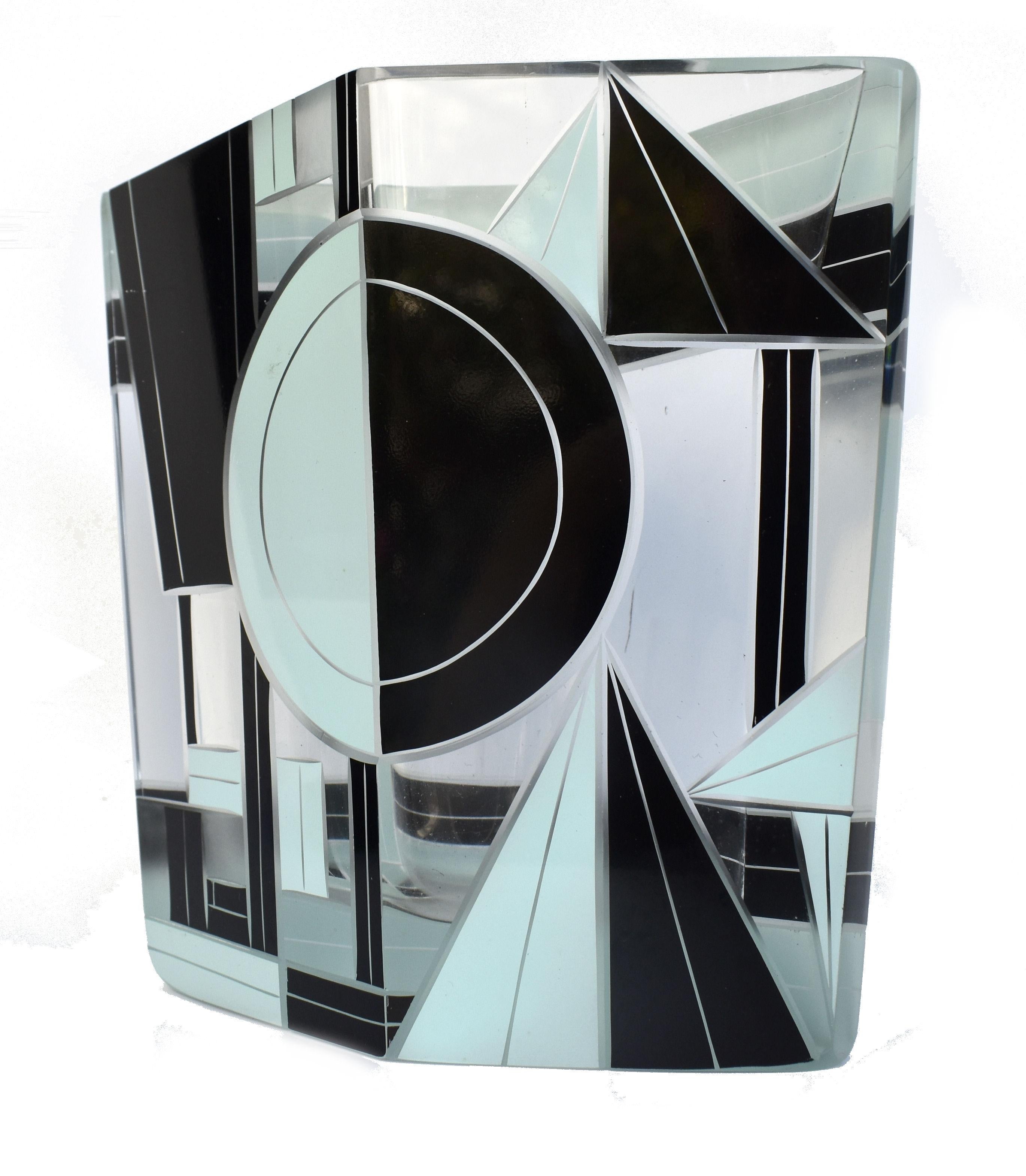 Cut Glass Art Deco Geometrically Decorated Enamel Glass & Etched Vase, Czech, C1935 For Sale