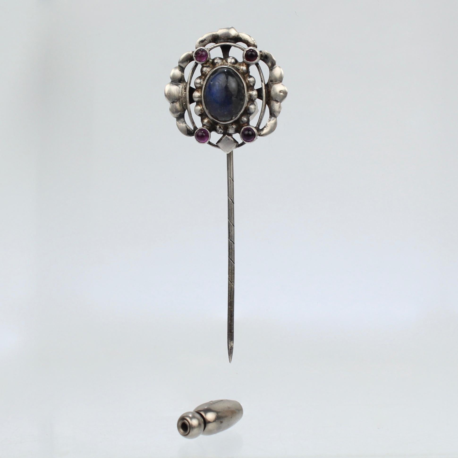Art Deco Georg Jensen 830 Silver Stick Pin No. 17 with Labradorite and Amethysts In Good Condition In Philadelphia, PA
