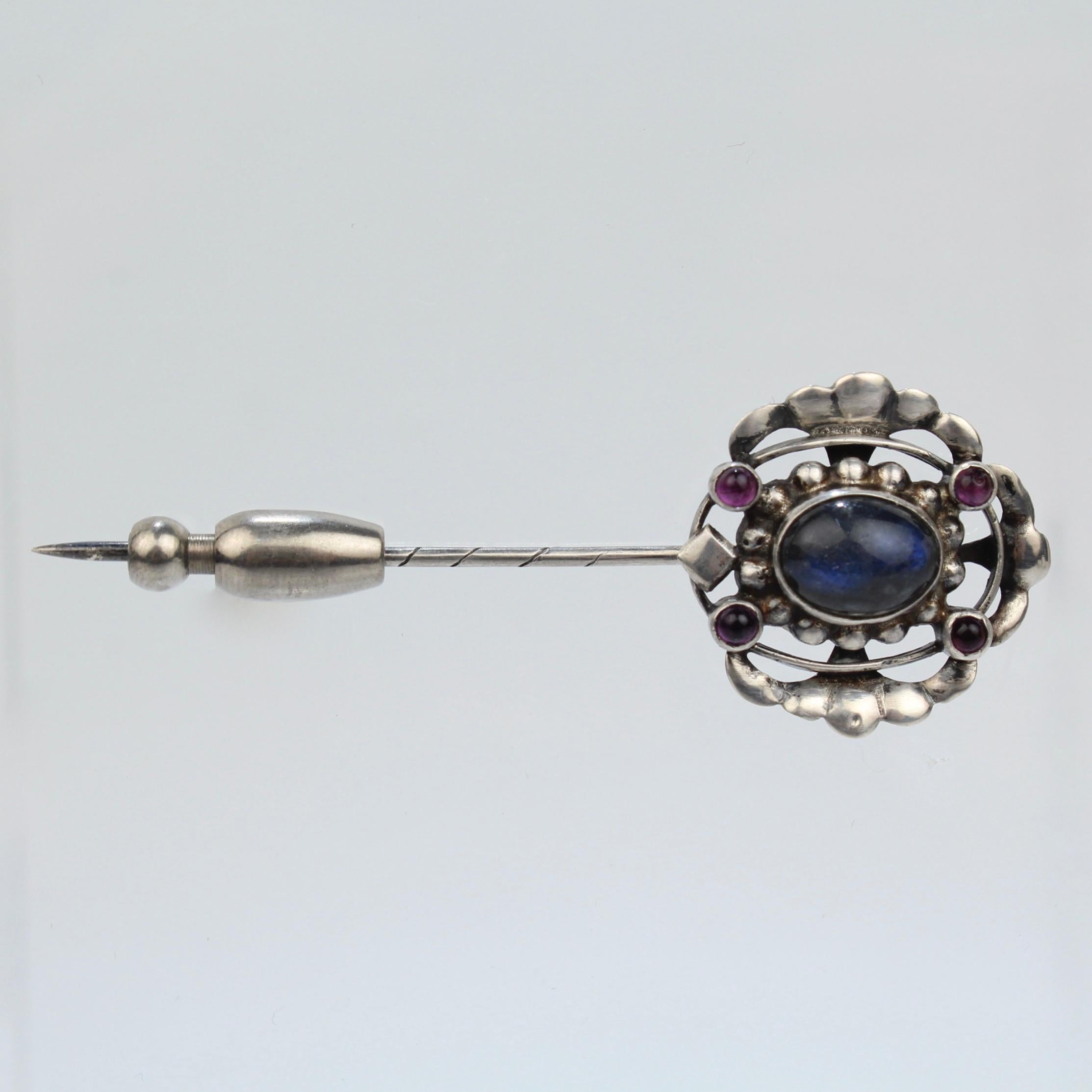 Women's Art Deco Georg Jensen 830 Silver Stick Pin No. 17 with Labradorite and Amethysts